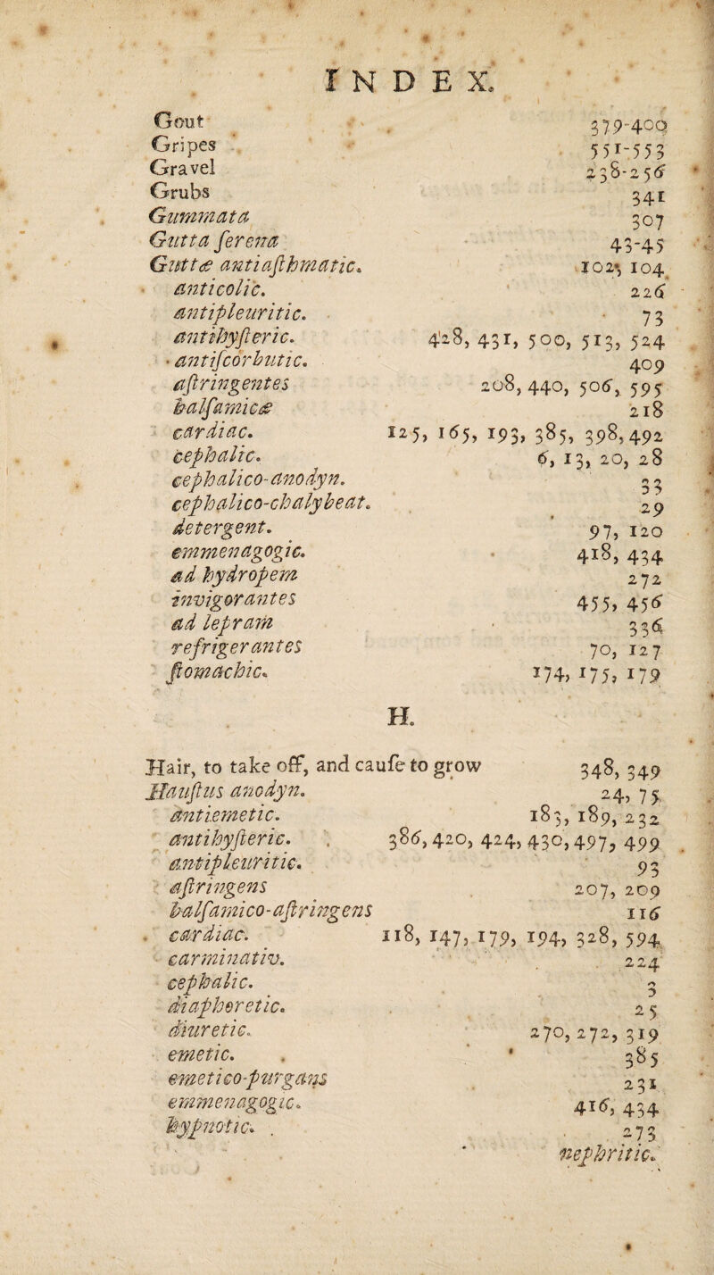 Gout 379“40Q Gripes 551-553 Gravel 238-256 Grubs 341 Gummatd 307 Gutta fterena 45-45 Gut t<e antiafthmatic, -10 2', I044 anticolic. « 226 antipleuritic. 73 ant ihyft eric. 4-8, 431, 500, 513, 524 • antifcorbutic. 409 aftringentes 208, 440, 506, 595 half amice 218 cardiac. 125, 165, 193, » 385, 398,492. cephalic. 6, 13, 20, 28 eeph alico-anodyn. 33 cephalico-chalyheat. 29 detergent. 97, 120 4*8, 434 emmenagogic. / • ad hydropem 272 invigor antes 455, 45<* ad lepram • 336 refriger antes 70, 127 ft om a chic. H. J74, J 75? 179 Hair, to take off, and caufe to grow 348, 349 ffiauftus anodyn. 0 *4,7'* 'dntiemetic. 183, 189, 222 antihyfteric. 386,420, 424,430,497, 499 antipleuritic. 93 afir ingens 207, 209 half ami co-aftri ng ens n6 cardiac. 118, 147, HP) , . ^ T94, 328, 594 carminativ. 224 cephalic. 5 diaphoretic. 25 diuretic. 270,272, 319 emetic. f 385 emetico purgans 231 emmenagogic. 416, 434 hypnotic\ 273 nephritic*' . \