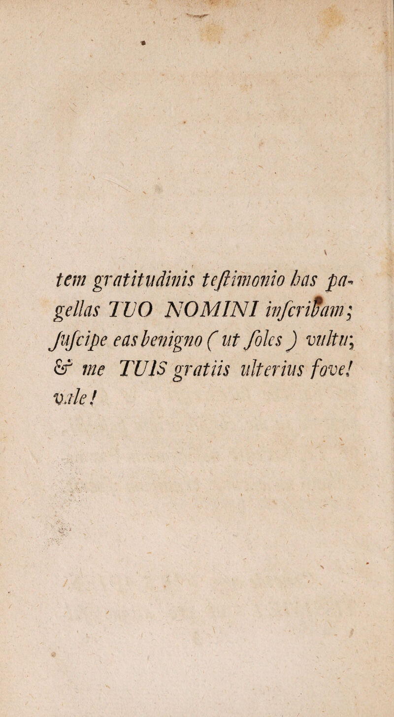 •* \ V tem gr at itu Mnis teftimonio has pa¬ gellas TUO NOMINI inferi!)am; JuJcipe eas benigno ( ut foles ) vultu; cr me TUIS gratiis ulterius fove/ vale ! • -k''- y * • *