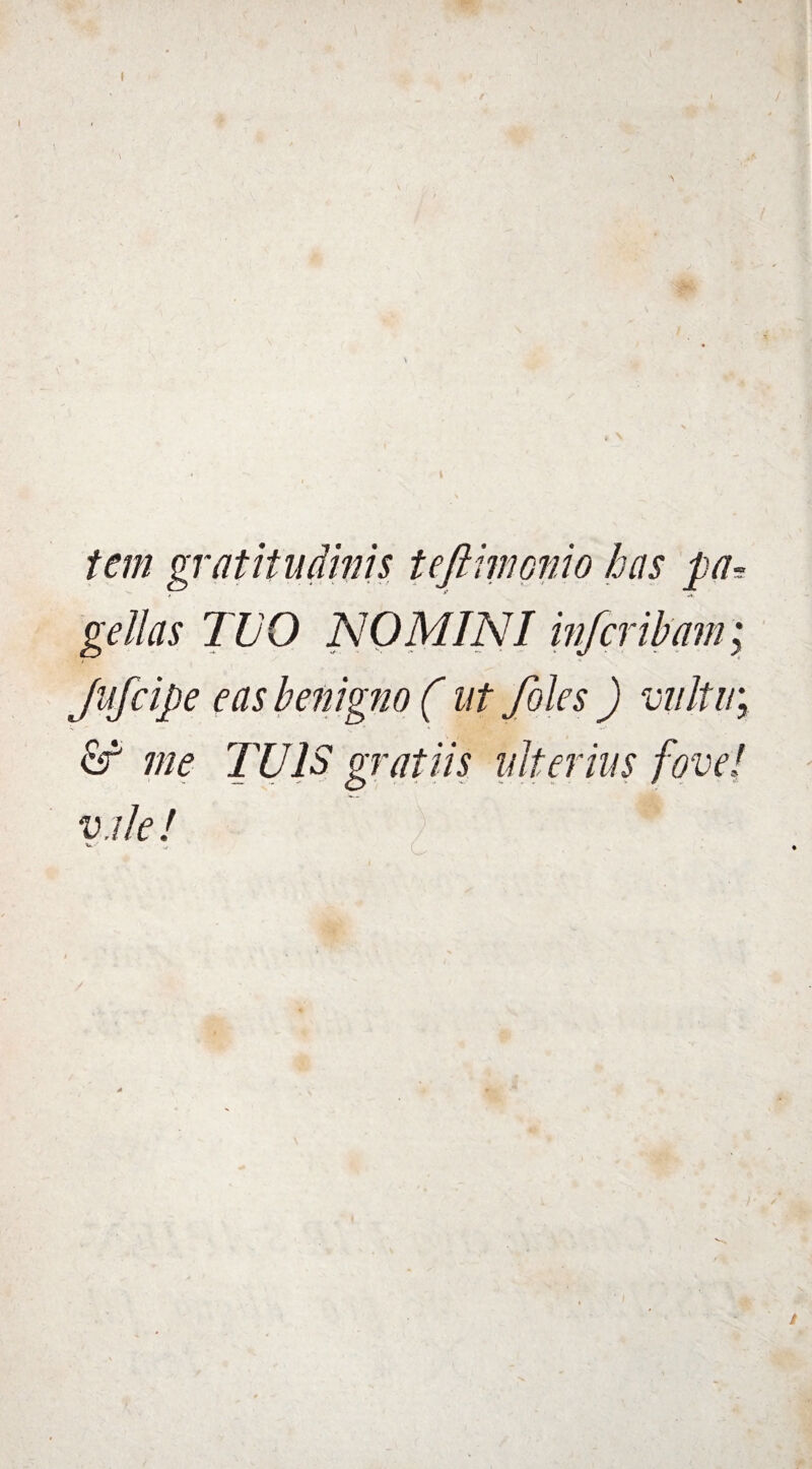 tem gr at itu divis teftimnio has pa¬ gellas TUO NOMINI infer ibam; Jufcipe eas benigno ( ut /oles ) vultu; cr me TUIS gratiis ulterius fove/ vile! u