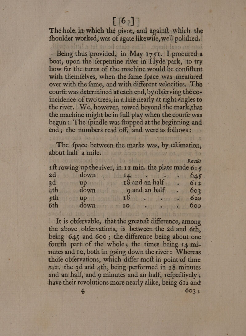 [ 6; y The hole, im which the pivot, and againft which the fhoulder worked, was of i akawitle, well polithed.: _ Being chs exorided: in May 1751: J raniites a boat, upon the ferpentine river in Hyde-park, to try how far the turns of the machine would be confiftent with themfelves, when the fame fpace, was meafured over with the fan and with different velocities. The - courfe was determined at each end, by obferving the co- incidence of two trees, in a line nearly at right angles to the river. We, however, rowed beyond the mark,that the machine might be in full play when the courfe was begun: The fpindle was {topped at the beginning and end; the numbers read off, and were as follows : The fpace between the marks was, , by cftimation, about half a mile. | Revol ift rowing up the river, in 14 min. the plate made 615 2d down | | » 64g. 3d up vi ig and an half &amp;: OES 4th down _g and an half » 9 603 sth up. HSioh. » 620 6th down. 10 ayciircis . 600 It is obfervable, that the greateft difference, among the above obfervations, is between the 2d and 6th, being 645 and 600 ; the difference being about one fourth part of the whole ; the times being 14 mi- nutes and 10, both in going ‘down the river : Whereas thofe obfervations, which differ moft in point of time viz. the 3d and ath, being performed in 18 minutes and an half, and 9 minutes and an half, refpectively ; have their revolutions more nearly alike, being 612 and A 603 ;