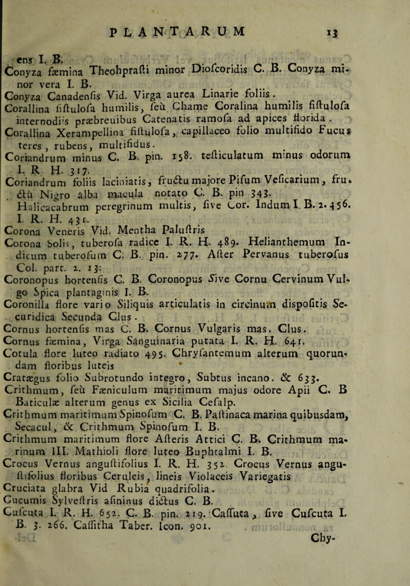 Conyza* fami na Theohprafti minor Diofcoridis C. B. Conyza mi- nor vera I. B. Gonyza Canadenfis Vid. Virga aurea Linarie foliis . Corallina liftulofa humilis, feu Chame Coralina humilis fiftulofa internodrs prasbreuibus Catenatis ramofa ad apices florida . Corallina Xerampellina fiflulofa, capillaceo folio multifido Fucus teres, rubens, multifidus. Coriandrum minus C. B. pin. 158. tefiiculatum minus odorum I. R H. 317. Coriandrum foliis liciniatis, fru&u majore Pifum Veficarmm, fru. £tu Nigro alba macula notato C. B. pin 343. Halicacabrum peregrinum multis, five Cor. Indum I. B. 2. 4 5^* I. R. H. 4)r.. Corona Veneris Vid. Mentha Palurtris Corona bolis, tuberofa radice I. R. H. 489. Helianthemum In¬ dicum tuberofum C. B. pin. 277. After Pervanus tuberofus Coi. part. 2. 13: Coronopus hortenfis C. B. Coronopus Sive Cornu Cervinum Vul¬ go Spica plantaginis I. B. Coronilla flore vario Siliquis articulatis in circinum dispofitis Se- curidica Secunda Cius. Cornus hortenfis mas C. B. Cornus Vulgaris mas. Cius. Cornus femina, Virga Sanguinaria putata I. R. H.*/641. Cotula flore luteo radiato 495. Chryfantemum alterum quorun- . dam floribus luteis Cratasgus folio Subrotundo integro, Subtus incano. & 633. Crithmum, feu Faeniculum maritimum majus odore Apii C. B Baticulx alterum genus ex Sicilia Cefalp. Crithmum maritimum Spinofum C. B. Paftinaca marina quibusdam/ Secacul, & Crithmum Spinofum I. B. Crithmum maritimum flore Aderis Attici C. B. Crithmum ma* * _ * * * | rinum 1II. Mathioli flore luteo Buphtalmi I. B. Crocus Vernus anguftifolius I. R. H. 352, Crocus Vernus angu- ftifolius floribus Ceruleis, lineis Violaceis Variegatis Cruciata glabra Vid Rubia quadrifolia. Cucumis Sylveftris afininus didlus C. B. Cufcuta I. R. H. 652. C. B. pin. 219. Cafluta j five Cufcuta I. B. 3. 266. Caflitha Taber. Icon. 901.