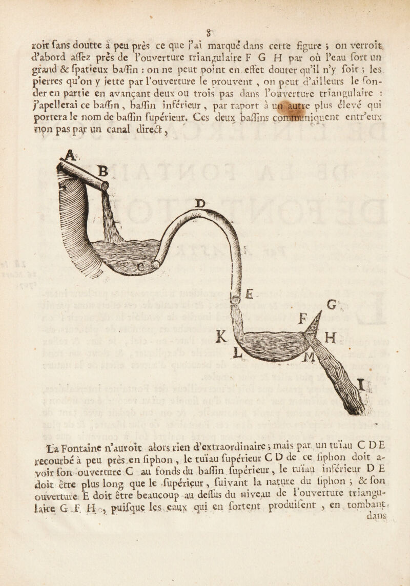 r rok fans doutte à peu près ce que fai marque' dans cette figure > on verroit. d’abord affe-z près de l’ouverture triangulaire F G H par où l’eau fort un grand & fpatieux badin : on ne peut point en effet douter qu’il n’y Toit *, les pierres qu’on y jette par l’ouverture le prouvent , on peut d’ailleurs le fon¬ derai partie en avançant deux ou trois pas dans rouverture triangulaire : /apc lierai ce badin , bafiin inférieur, par raport a un autre plus élevé qui portera le nom de baffin fupérieur* Ces deux badins comKniquent entr’eux lion pas par un canal tlirecl, La Fontaine n’aurott alors rien d’extraordinaire > mais par un tuiau C D E recourbé à peu près en fiphon > le tuiau Fupérieur C D de ce fiphon doit a- voir fou ouverture C au fonds du baffin fupérieur, le tuiau inferieur D E doit être plus long que le ffupériçur, fuivant la nature du fiphon j ôc fon ouverture E doit être beaucoup au deffus du niveau de l ouverture triangu¬ laire G F H > puifquc les eaux qui en foutent produifent ? en tombant. . ■' dans.