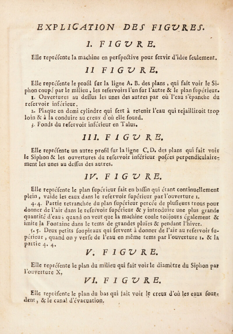 EXPLICATION DES FIGURES. 1. F 1 G U R E. Elle repréfente la machine en perfpective pour fervir d’idée feulement. 11 F 1 G Zl K E. Elle repréfente le profil fur la ligne A. B, des pians , qui fait voir le Si¬ phon coupé par le milieu , les refervoirs l’un fur l’autre & le pian fupérieur. 1. Ouvertures au deffus les unes des autres par où l’eau s’épanche du refervoir inférieur. 2. Plaque en demi cylindre qui fert à retenir l’eau qui rejailliroit trop loin 3c à la conduire au creux d'où elle fourd. Fonds du refervoir inférieur en Talus. III. FIGURE. Elle repréfente un autre profil fut la ligne C, D. des plans qui fait voir le Siphon & les ouvertures du refervoir inférieur potées perpendiculaire¬ ment les unes au deffus des autres, IV. FIGURE. Elle repréfente le plan fupérieur fait en baffin qui étant continuellement plein , vuide les eaux dans le refervoir fupérieur par l’ouverture i. 4.4. Partie retranchée du plan fupérieur percée de plufieurs trous pour donner de Pair dans le refervoir fupérieur 3c y introduire une plus grande quantité d’eau i quand on veut que la machine coule toujours également 3c imite la Fontaine dans le tems de grandes pluies 3c pendant l’hiver, S* y* Deux petits foupiraux qui fervent à donner de l’air au refervoir fu¬ périeur ? quand on y verfe de l’eau en même tems par l’ouverture 1. 3c la partie 4, 4, V. FIGURE. Elle repréfente le plan du milieu qui fait voirie diamètre du Siphon par l’ouverture X, VL FIGURE. Elle repréfente îe plan du bas qui lait voir !f creux d’où les eaux fouir,