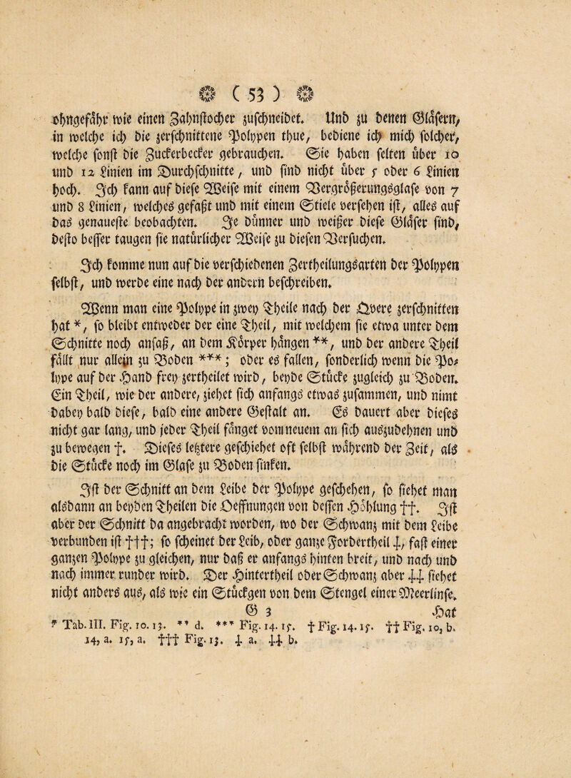 oljitgefübt wie einen gahnfioehcr jufcbneibct. Unb ju benen ©Idfettt, in welche ich bie jerfcbnittene «Polppen tbue, bebiene ich mich folcbet, weiche fonft bie gueferbeefet gebrauchen. (Sic haben feiten über io unb ü Linien im ©urchfchnitte, unb ftnb nicht über r ober 6 finiett hoch. 3d) fann auf biefe l2Beife mit einem SßergrdgccungSglafe oon 7 unb 8 Sinien, welches gefagt unb mit einem ©fiele perfehen ift, alles auf bas genauere beobachten. 2re bünner unb weiger biefe ©la'fer ftnb, beflo bejfer taugen fte natürlicher 2Beife ju biefen Söerfuchen, . v 3ch fomme nun auf bie perfchiebcnen gcrtheilungsarten ber fiolppets felbft, unb werbe eine nach ber anheim befebreiben. SC^enn man eine fiolppe in 5mcp Pfeile nach ber £>rete jerfchniffett bat *, fo bleibt enfweber ber eine ©)etl, mit weichem fie etwa unter bem ©ebnitte noch anfag, an bem iforper hangen **, unb ber anbere £beil füllt nur allein $u Q3oben ***; ober es fallen, fonberlich wenn bie $o> ippe auf ber .fbanb frep-jerfheilet trieb, bepbe ©tuefe jugtekh ju fBoben. ©in §beil, wie ber anbere, ziehet fich anfangs etwas jufammen, unb nimt babep halb biefe, halb eine anbere ©eftalt an. & bauert aber biefeö nicht gar lang, unb feber flhell fanget pom neuem an ftcb auSjubehnen unb ju beroegen f. ©tefes leitete gefebiehef off felbft trahrenb ber geit, als bie ©fuefe nodh im ©lafe ju Q5oben fmfen. 3ft ber ©chniftan bem feibe ber ^olppe gefchehen, fo fiehet matt aisbann an bepben ^heilen bie Öeffnungen pon beffen Höhlung ff. aber Der ©ebnift ba angebracht worben, wo ber ©cbwanj mit bem feibe nerbunben ift fff; fo fcheinet ber£eib, ober gan$e gorbertheil f, fajt einet ganzen 5fiolppe ju gleichen, nur ba§ et anfangs hinten breit, unb nach unb nach immer, runber wirb, ©er efpintertbeil ober©cbwans aber ff fiehet nicht anberS aus, als wie ein ©tuefgen pon bem ©fengel einer ©teerlinfe» @3 £af * Tab.III. Fig. to. 1 j. *’ d. *** Fig. 14. ij-, fFig.14.if. ff Fig. 10, b.