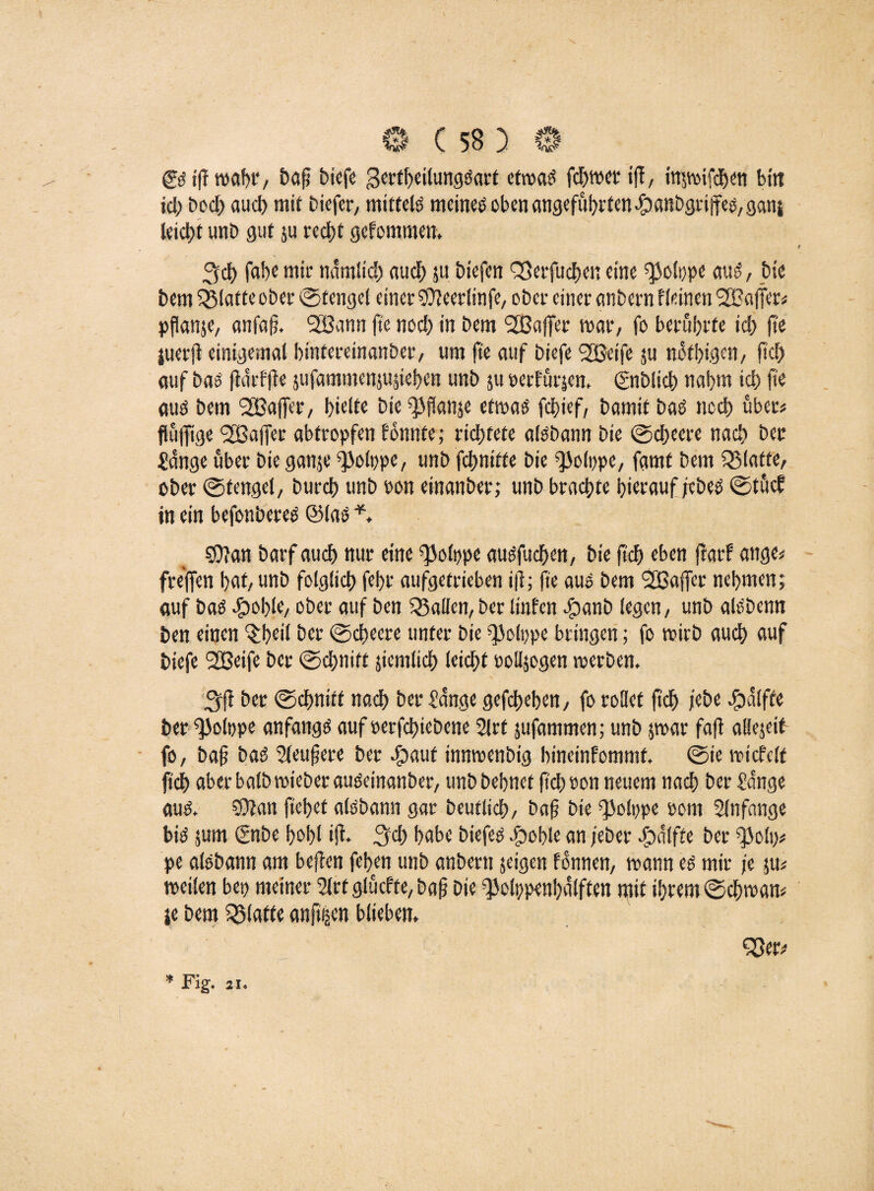 © iff mabr, 5af? biefe gerfheilungsiart etroaö fchmer iff, inpifchen bitt ich bed) auch mit biefer, mittete mcinecs eben angeführten #anbgrijfeo, .ganj leicht unt> gut 511 recht gefommen, 3d) fabe mir nämlich aud) ju biefen Qßerfudhen eine ^olppe aud, bie bem glatte ober ©fengel einer SDteerlinfe, ober einer anbern fteinen SBalfer* pPanje, anfaji 'SBann fte nod) in bem 'SBnjfer mar, fo berührte id) jte juerft einigemal bintereinanber, um fte auf biefe SSBeife ju nötigen, fleh auf bad ftdrf jte jufammensujieben unb $u oerfürjen. ©ibltch nabm ich jte aud bem Gaffer, hielte bie «JSflanje etmad fchief, bamit bad noch übet* fiüffige <2Bajfer abtropfen fonnte; richtete atebann bie ©cheere nach bec Sange über bie ganje ^olppe, unb fchniffe bie ^olppe, famt bem Platte, ober ©fengel, burch unb pon etnanber; unb brachte hierauf jebed ©tücf in ein befonbered ©lad *♦ ©Jan barf auch nur eine ^olppe audfuchen, bie (ich eben jtarf ange* freffen hot/ unb folglich feht aufgetrieben i|t; fte aud bem ^Baffer nehmen; auf bad #oble, ober auf ben fallen, ber linfen cjpanb legen, unb atebenn ben einen ^heil ber ©cheere unter bie ^olppe bringen; fo mirb auch auf biefe SCßeife ber ©chnift jiemtich leicht ponogen merben. 3jt ber ©chnift nach ber Sange gefaben, fo rollet jtcfj ;ebe ^dlffe ber ^olppe anfangs auf »erfchiebene 2!rt jufammen; unb jmar faft allejeif fo, ba§ bad Sleufete ber cjpaut innmenbtg hineinfommt, ©ie mietete ftch aber halb miebet audeinanber, unb behnet ftch Pon neuem nach ber Sange aud. SOtan ftehet atebann gar beutlich, bafj bie ^olppe Pom Slnfange bid »um ©tbe hohl ijt. 3d) habe biefed efpoble an jeber Jpdlffe ber ^olp* pe atebann am bejten fehen unb anbern jeigen tonnen, mann ed mir je jit* meilen bep meiner 5lrt glücfte, baj? bie QJolppenhdlffen mit ihrem ©chman* je bem glatte anft^en blieben. 't * * <*3er*