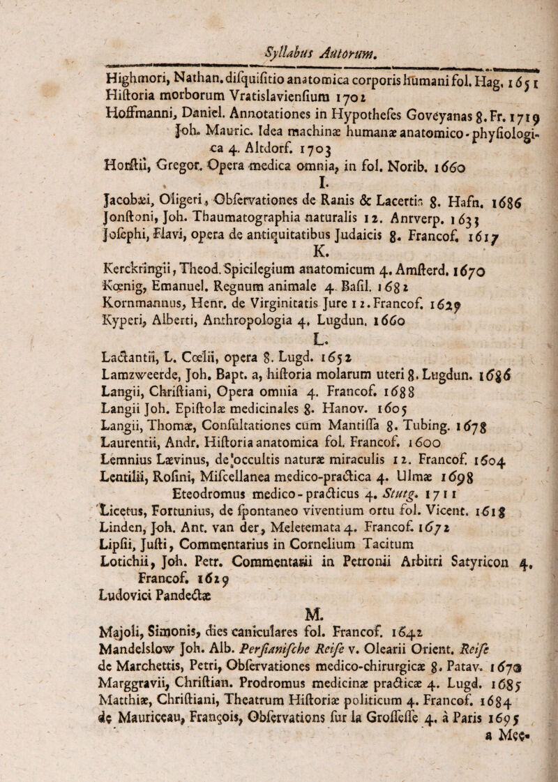 Syllabus Autorim, ,^g^afciaea.iiiiiiiiwrrrf*WMK—MiW———— li— Highmori, Nathan.difquifitioanatomicacorporisIrumanifol.Hag, i5j i Hiftoria morborum Vratislavienfiura 1701 Hoffmanni, Danicl. Annotationes in Hypothefes Gov^yanas g.Fr, 1719 Joh- Mauric. Idea machinae humanae anatomico-phyfiologi- ca 4. Altdorf. 1703 Horflii, Gregor^ Opera -medica omnia, in fol. Norib, 1660 I. Jacobaei, Oligeri,, Obremtiones de Ranis & Lacertir. g. Hafn. 1686 Jonftoni, Joh. Thaumatographia naturalis n, Anrverp. 163^ Jofephi, Flavi, opera de antii^uitatibus Judaicis Francofi 1617 K. Kerckringii,Theod.Spicilegium anatomicum 4. Amfterd. 1670 Koenig, Emanuel. Regnum animale 4. Bahl. 168 i Kornmannus, Henr. de Virginitatis Jure iz.Francof. i6xf Kyperi, Alberti, Aathropologia 4* Lugdun. 1660 L- Ladlantii, L. Coelii, opera B. Lugd. i6^z Lamzweeirde, Joh, Bapt. a, hiftoria molarum uteri g, Lugdum 16^6 Langii, Chriftiani, Opera omnia 4. Francof, id88 Langii Joh. Epiftolae medicinales g. Hanov. 160^ Langii, Thomae, Confultadones cum Mantifta 8* Tiibing. i6^% Laurentii, Andr. Hiftoria anatomica fol Francof. 1600 Lemnius Laevinus, de'occultis naturae miraculis 12. Francof 1504 Lentilii, Rofinf Mifcellanea medico-pradica 4, Ulmae idpg Eteodromus medico - pradicus 4, Stutg* 1711 'Licetus, Fortunius, de fpontaneo viventium ortu fol. Viceiit. Linden, Joh. Ant. van der, Meletemata4. Francof 16jz Lipfii, Jufti, Commentarius in Cornelium Tacitum Lotichii, Joh. Petr, Commentam in Petronii Arbitri Satyricon 4, Francof, 1629 Ludovici Pande<ftsc ... M^oli, Simonis, dies caniculares fol. Francof. 1S42 Mandelslow Joh. Alb. Perjlanifibe Reife v. Olearii Grient. Reife de Marchettis, Petri, Obfervationes medico-chirurgicae g. Patav. 1(^73 Marggravii, Chriftian. Prodromus medicinae pradicae 4. Lugd. i68j Matthiae, Chriftiani, Theatrum Hiftoriae politicum 4. Francof. 1684 de Mauriceau, Fran^ois, Obfervations fur la Groflefle 4. a Paris 1695 a Mee*