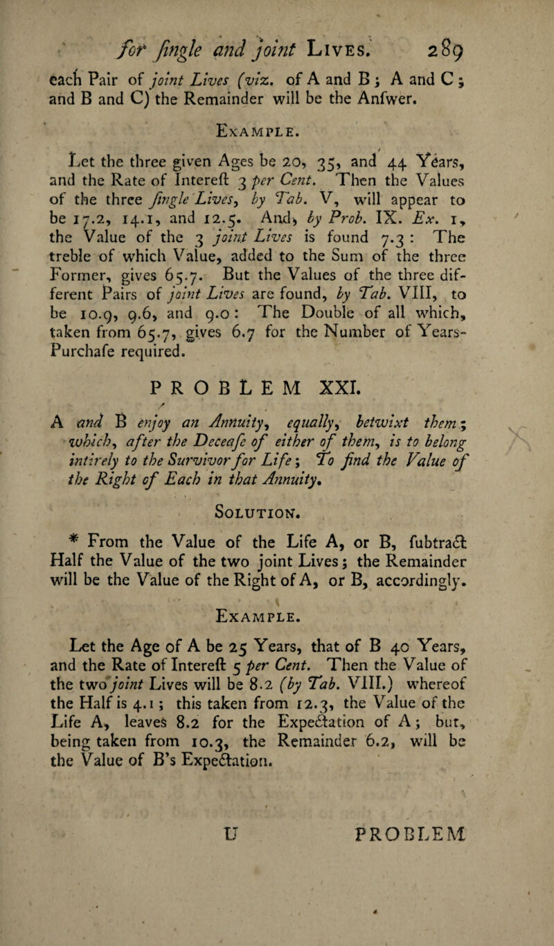 cacfi Pair of joint Lives (viz. of A and B; A and C ; and B and C) the Remainder will be the Anfwer. Example. Let the three given Ages be 20, 35, and 44 Years, and the Rate of Intereft 3 per Cent. Then the Values of the three Jingle Lives, by Tab. V, will appear to be 17.2, 14.1, and 12.5. And* by Prob. IX. Ex. 1, the Value of the 3 joint Lives is found 7.3 : The treble of which Value, added to the Sum of the three Former, gives 65.7. But the Values of the three dif¬ ferent Pairs of joint Lives are found, by Tab. VIII, to be 10.9, 9.6, and 9.0 : The Double of all which, taken from 65.7, gives 6,7 for the Number of Years- Purchafe required. PROBLEM XXI. / A and B enjoy an Annuity, equally, betwixt them; which, after the Deceafe of either of them, is to belong intirely to the Survivor for Life; To find the Value of the Right of Each in that Annuity. Solution. * From the Value of the Life A, or B, fubtract Half the Value of the two joint Lives; the Remainder will be the Value of the Right of A, or B, accordingly. Example. Let the Age of A be 25 Years, that of B 40 Years, and the Rate of Intereft 5 per Cent. Then the Value of the two joint Lives will be 8.2 (by Tab. VIII.) whereof the Half is 4.1 ; this taken from 12.3, the Value of the Life A, leaves 8.2 for the Expectation of A; but, being taken from 10.3, the Remainder 6.2, will be the Value of B’s Expectation. I, a* V*»J * ’ '**1 ' • ; ■ • * L* v , , • t , »