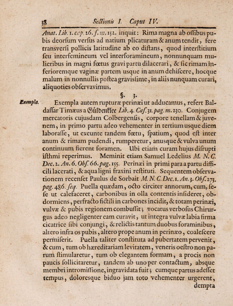 !! Anat. Lib. i. cap. i6,f iih 152.. inquit: Rima magna ab offibus pu¬ bis deorfum verfus ad natium plicaturam & anum tendit ^ fere transverfl pollicis latitudine ab eo diftans, quod interftitium feu interfemineum vel interforamineum, nonnunquam mu¬ lieribus in magni foetus gravi partu dilacerari^ & fic rimam in- ferioremque vaginse partem usque in anum dehifcere ^ hocque malum in nonnullis poftea gravisdme, in aliis nunquam curari, aliquoties obfervavimus, §•3* SxmpJa. Exempla autem rupturae perinseiut adducamus, refert Bal- daflarTimaeusa©ulbCttHcc 4. Caf,^i.pag.m. 130. Conjugem mercatoris cujusdam Colbergenfls, corpore tenellam & juve¬ nem^ in primo partu adeo vehementer in tertium usque diem laboraiTe, ut exeunte tandem foetu, fpatium, quod eft inter anum & rimam pudendi, rumperetur, anusque & vulva unum continuum fierent foramen. Ubi etiam curam hujus difrupti iflhmi reperimus. Meminit etiam Samuel Ledelius M. N. C. Dee. I. An. 6. Obf. 66.pag. 1^5. Perinaei in primi para a partu diffi¬ cili lacerati, & aqua ligni fraxini reftituti. Sequentem obferva- tionem recenfet Paulus de Sorbait M. N C.Dec.i.An.^. Obf.iji, pag.j\%6.feq. Puella quaedam, odo circiter annorum,cum, fe- fe ut calefaceret, carbonibus in olla contentisinfideret, ob¬ dormiens , perfrado fidili in carbones incidit, & totam perinaei, vulvae & pubis regionem combuffit j vocatus verbofus Chirur¬ gus adeo negligenter eam curavit, ut integra vulvae labia firma cicatrice fibi conjungi, &relicT:is tantum duobus foraminibus, altero infra os pubis, altero prope anum in perinaeo, coalefcere perfniferit. Puella taliter conftituta ad pubertatem pervenit, &cum, tum obhaereditariam levitatem, veneris oeftro non pa¬ rum ftimularetur, tum ob elegantem formam, a procis non paucis follicitaretur, tandem ab uno per contadum, absque membri intromifiione, ingravidata fuit 3 cumque partus adeflet tempus, doloresque biduo jam toto vehementer urgerent, dempta