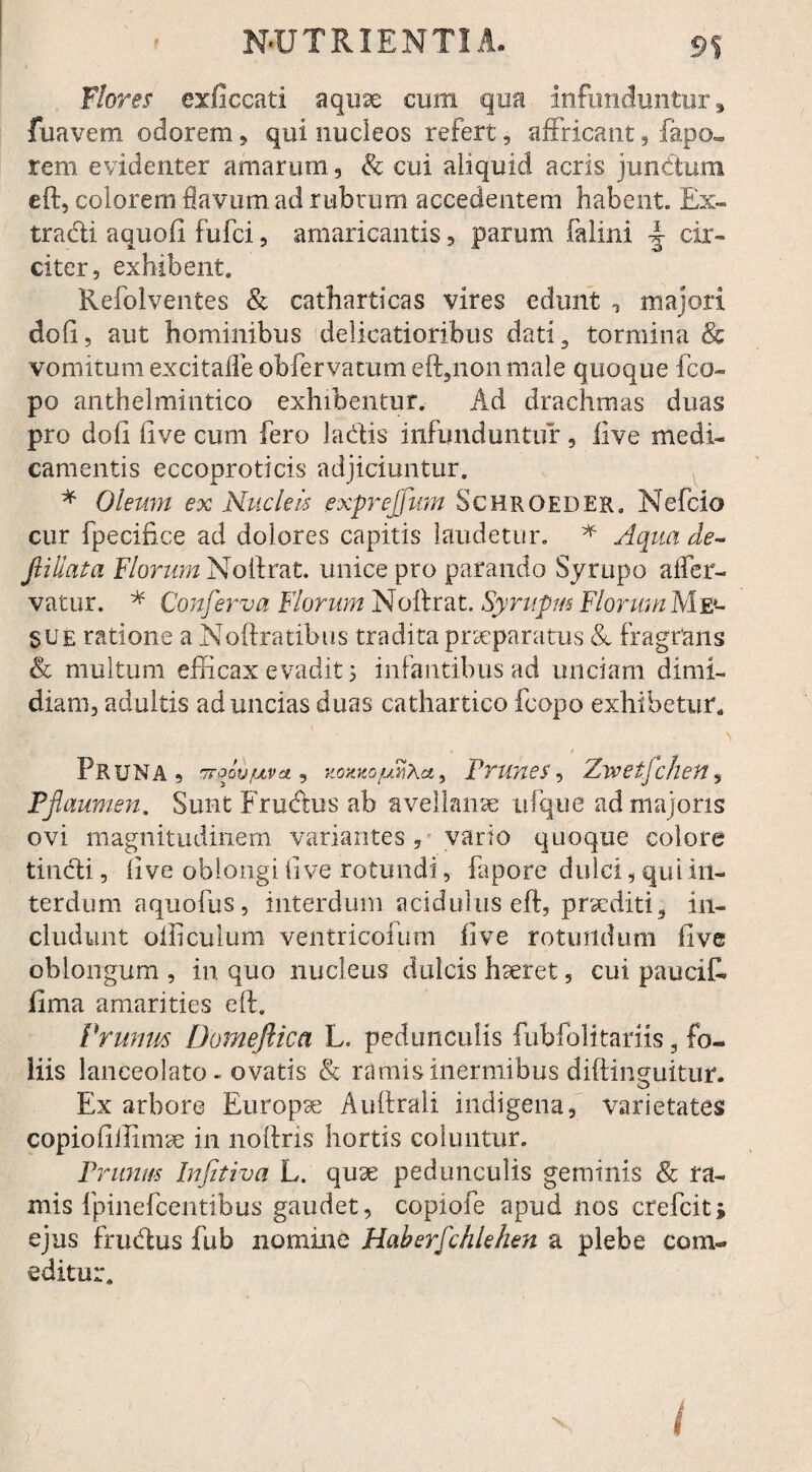Flores exficcati aquae cum qua infunduntur, fuavem odorem , qui nucleos refert, affricant , fapo- rem evidenter amarum, & cui aliquid acris juncitum eft, colorem flavum ad rubrum accedentem habent. Ex» tradi a quo fi fufci, amaricantis, parum falini cir¬ citer, exhibent. Refolventes & catharticas vires edunt majori doli, aut hominibus delicatioribus dati3 tormina & vomitum excitafle obfervatum eft,non male quoque fco- po anthelmintico exhibentur. Ad drachmas duas pro dofi live cum fero ladis infunduntur, five medi¬ camentis eccoproticis adjiciuntur. * Oleum ex Nucleis exprejjum Schroeder, Nefcio cur fpecifi.ce ad dolores capitis laudetur. * Aqua de~ fiillata Florum No lirat, unice pro parando Syrupo afler- vatur. * Conferva Florum Noftrat. Syrupm Florum Me*- gu e ratione a Noftratibus tradita praeparatus <Sc fragrans & multum efficax evadit 5 infantibus ad unciam dimi¬ diam, adultis ad uncias duas cathartico fcopo exhibetur, . / Pruna, ttpov/ulvci , kokkq-pmAci , Prune s, Zwetfchen, Tfiaumen. Sunt Frudus ab avellanae ufque ad majoris ovi magnitudinem variantes, vario quoque colore titidi, live oblongi live rotundi, fapore dulci, qui in¬ terdum aquofus, interdum acidulus eft, praediti 3 in¬ cludunt olliculum ventricofum five rotundum five oblongum , in quo nucleus dulcis hseret, cui pauciR fima amarities eft. Frumis Domefiica L. pedunculis fubfolitariis 5 fo¬ liis lanceolato - ovatis & ramis inermibus diftinguitur. Ex arbore Europse Auftrali indigena, varietates copiofiilinrce in noftris hortis coluntur. Prunus Infitiva L. quae pedunculis geminis & ra¬ mis fpinefcentibus gaudet, copiofe apud nos crefcit; ejus frudus fub nomine Haberfchlehen a plebe com¬ editur. ) i