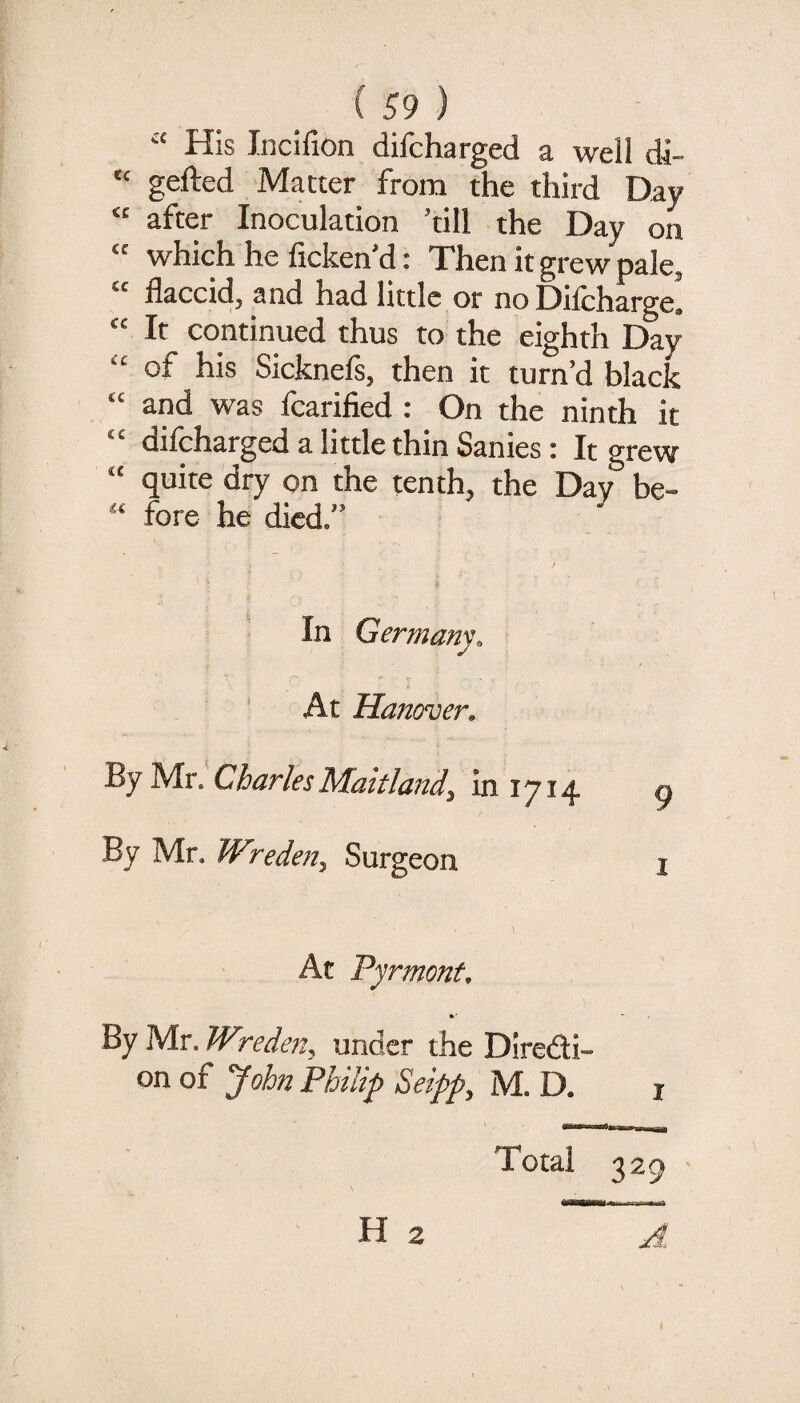 His Incifion difcharged a well di- “ gefted Matter from the third Day “ after Inoculation ’till the Day on “ which he ficken’d: Then it grew pale, “ flaccid, and had little or no Difcharge. “ It continued thus to the eighth Day “ of his Sicknefs, then it turn’d black “ and was fcarified : On the ninth it “ difcharged a little thin Sanies: It grew “ quite dry on the tenth, the Day be- “ fore he died.” In Germany, ' At Hanover. By Mr. Charles Maitland, In 1714 By Mr. Wredeft^ Surgeon At Pyrmonf, By Mr. JVy-eden^ under the Diredi- on of John Philip Seipp, M. D. i Total 329 H 2 A I