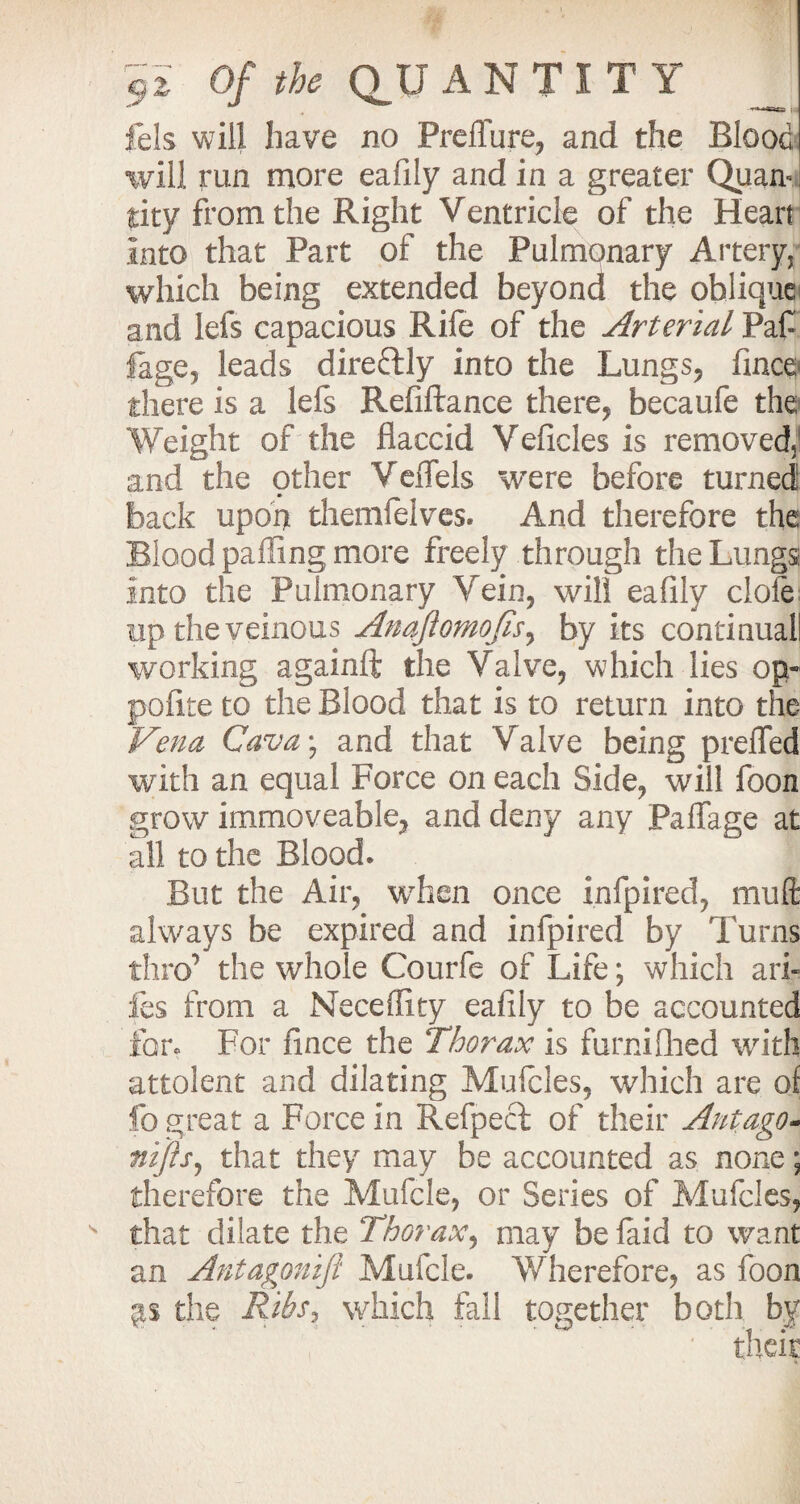 Of the QUANTITY _ fels will have no Preffure, and the Blood will run more eaiily and in a greater Quam tity from the Right Ventricle of the Heart Into that Part of the Pulmqnary Artery, which being extended beyond the oblique and lefs capacious Rife of the Arterial Paf fage, leads direftly into the Lungs, fince there is a lefs Refiftance there, becaufe the Weight of the flaccid Veficles is removed, and the other Veffete were before turned back upon themfelves. And therefore the Blood palling more freely through the Lungs into the Pulmonary Vein, will eafily clofe: up theveinous Anajiomo[isy by its continual! working againft the Valve, which lies op* polite to the Blood that is to return into the Vena Cava\ and that Valve being preffed with an equal Force on each Side, will foon grow immoveable, and deny any Paffage at all to the Blood. But the Air, when once infpired, muft always be expired and infpired by Turns thro’ the whole Courfe of Life; which ark fes from a Neceflity eaiily to be accounted for. For fince the Thorax is furni filed with attolent and dilating Mulcles, which are of fo great a Force in Refped of their Autago~ nifis, that they may be accounted as none; therefore the Mufcle, or Series of Mufcles, s that dilate the Thorax, may be laid to want an Antagonifi Mufcle. Wherefore, as foon the Ribs, which fall together both by ' their