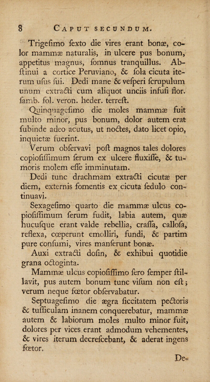 Trigelimo fexto die vires erant bonae, co¬ lor mammas naturalis, in ulcere pus bonum, appetitus magnus, fomnus tranquillus. Ab¬ ii i nui a cortice Peruviano, & fola cicuta ite¬ rum ufus fui. Dedi mane & vefperi fcrupulum unum ex tradi cum aliquot unciis infufi flor, famfa. fol. veron. heder. terreft. Quinquagefimo die moles mamma; fuit multo minor, pus bonum, dolor autem erat fubinde adeo acutus, ut noctes, dato licet opio, inquietae fuerint. Verum obfervavi pofl: magnos tales dolores copioflffimum ferum ex ulcere fiuxifle, & tu¬ moris molem effe imminutam. Dedi tunc drachmam extradi cicutae per diem, externis fomentis ex cicuta fedulo con¬ tinuavi. Sexagefimo quarto die mammae ulcus eo- piofiffimum ferum fudit, labia autem, quae hucufque erant valde rebellia, crafia, callofa, reflexa, coeperunt emolliri, fundi, & partim pure confumi, vires manferunt bonae. Auxi extradi dofin, & exhibui quotidie grana odoginta. Mammae ulcus copiofiffimo fero femper ftil- lavit, pus autem bonum tunc vifum non ell; verum neque foetor obfervabatur. Septuagefimo die aegra ficcitatem pedoris & tufliculam inanem conquerebatur, mammae autem & labiorum moles multo minor fuit, dolores per vices erant admodum vehementes, & vires iterum decrefcebant, & aderat ingens foetor. De^ /