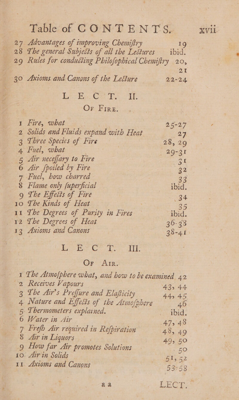 27 Advantages of improving Chemiftry 19 28 Lhe general Subjetis of all the Lestures ibid. 29 Rules for conduéting Philofophical Chemifiry 20, | at 30 Axioms. and Canons of the Lecture 22-24 OF Fire. 1 Fire, what ke 25-27 2 Solids and Fluids expand with Heat 27 3 Three Species of Fire 28, 29 4 Fuel, what | 29-31 65 Air neceffary to Fire ne 4 Fuel, how charred 39 8 Flame only fuperficial ibid. Q The Effetis of Fire 34 10 The Kinds of Heat | 3 11 The Degrees of Purity in Fires — ibid. ere-Tbe Degrees of Heat 36-38 13 Axioms and Canons 28-at ME Ra dee LEP, Or: Arr 1 The Atinofphere what, and how to be examined 42 2 Receives Vapours ‘43, 44 3 The Air’s Preffure and Elafticity 445 45 4 Nature and Lffetis of the Atmo[phere 46 5 Lhermometers explained. -ouibid: 6 Water in dir 47,48 9 Lbrefh Air required in Refpiration 48, 49 8 Air in Liquors..: ,.-: 49, 50 9 How far Air promotes Solutions 50 10. “ur in Solids Glyn? 11 Axioms and Canons 53-58