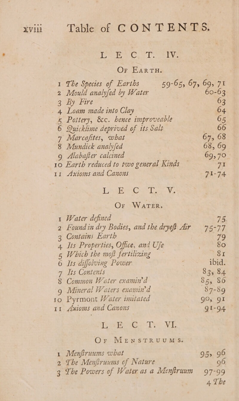 = be me OO CONI AHS © W &amp; i ; 5 gard ye tae pe bs. Or Ear TH: The Species of Earths 59-65, 67, 69, 71 Mould analyfed by Water 60-63 Ry Fare 63 Loam made into Clay | 64 Pottery, &amp;cc. hence improveaole 65 Quicklime deprived of its Salt 66 Marca/fites, what 67, 68 Mundick analyfed 68, 69 Alabafter calcined 69,70 Earth reduced to two general Kinds hy Axioms ana Canons 71-74 Tir Lae Vo Or WatTER. Water defined . a Found in dry Bodies, and the dryeft Mir = 75-77 Contains Earth 79 Its Properties, Office, and Ufe | 80 Which the moft fertilizing SI Its diffolving Power , ibid. Its Contents 83, 84 Common Water examin d 85, 86 Mineral Waters examind 87-89 Pyrmont Water imitated 90, 9I Axioms and Canons gI-94 hive ge Ts VG Or MENSTRUUMS. cen iecutcs 2 what 95&gt; 96 2 The Menjfiruums of Nature 96 The Powers of Water as a Menfiruum 97-99 4 The