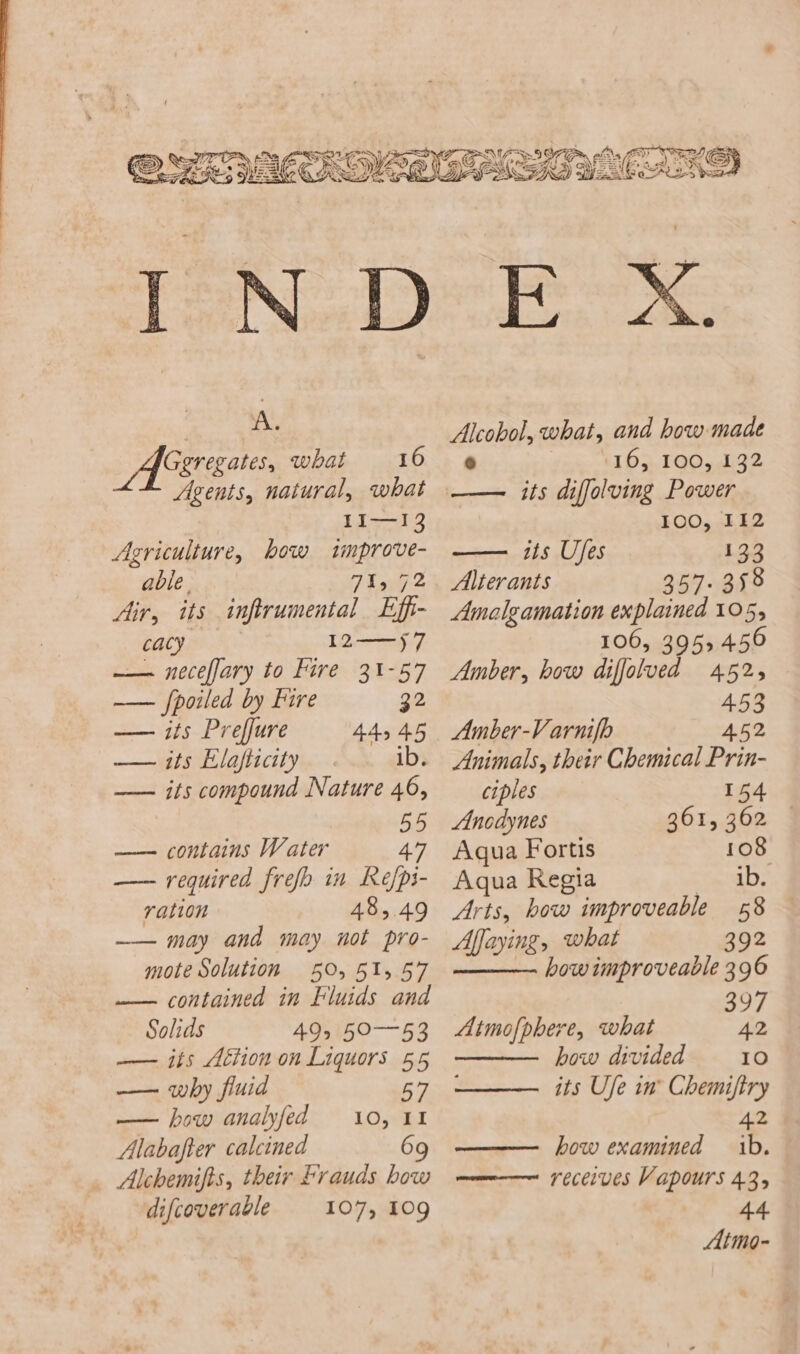 yen what able, TT iy 2 Air, its inftrumental Effi- cacy 12——57 —— neceffary to Fire 31-57 — f{poiled by fire 32 — its Preffure — its Elafticity —— its compound Nature 46, 56 —— contains Water 47 —— required frefo in Refpi- ration 48,49 —— may and may not pro- mote Solution 50, 51,57 —— contained in Fluids and Solids 495350—53 —— its Attion on Liquors 55 — why fiuid 57 — how analyfed 10,11 Alabafter calcined 69 _ Alchemifts, their Frauds how difcoverable 107, 109 SENG Be oS a Alcobol, what, and how made ) ‘16, 100, 132 —— its diffolving Power 100, 112 —— its Ufes 133 Alterants 257.255 Amalgamation explained 105 106, 35&gt; 456 Amber, bow difjolved AGQs 4.53 Amber-V arnifh 452 Animals, their Chemical Prin- ciples 154 Anodynes g61,.302 4 Agua Fortis 108 Aqua Regia ib. Arts, how improveable 58 Affaying, what 392 how improveable 396 397 Atmofphere, what 42 how divided 10 its Use in’ Chemiftry 42 how examined ib. mmm —— receives Vapours 43, 44 Atmo-