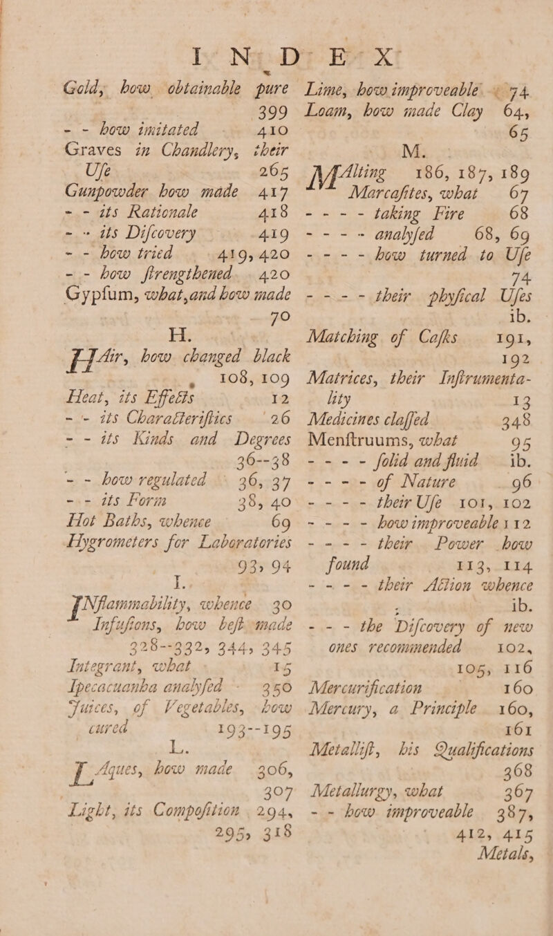 Gold, how obtainable | | ‘399 - - how imitated 410 Graves in Chandlery, their Use 265 Gunpowder bow made 417 -.- us Rationale 418 - » its Difcovery 4.19 - - how tried 419, 420 - - how Vineuaitemed 420 Gypfum, what,and how made 70 H. HH”: how Senate black 108, 109 Heat, its Effects 12 - - its Charaéterifiics (26 - - 05 Kinds and Degrees 36--38 - - how regulated * 36, 37 - - its Form 38, 40 Hot Baths, whence 69 Hygrometers for Laboratories 89°94 1S sf Riaenabligy whence 30 Infufions, bow beft made 325--332, 344, 345 Integrant, what 15 Ipecacuanba analyfed 350 Fuices, of Vegetables, bow cured 193--195 ij Aques, bow made 306, | OR7 Light, its Compofition . 294, 295, 315 Loam, bow made Clay 64, 65 M. 186, 187, 189 oy Miting Marcafites, what - - taking Fire 68 ~ analyfed 68, 6g - - how turned to Ufe - en = - _ as - - their pbyfical Ufes ib. Matching of Calks 1gi, 192 Matrices, their Infirumenta- lity 13 Medicines claffed 348 Menftruums, what &amp; ---- folid and fluid ib. - - - - of Nature 96 ther Ufe 101, 102 how improveable 1 12 - - - - their Power how found i poe - -~ - - their Allion whence ib. -.- - the Difcovery of new ones recommended 102, 105, 116 Mercurification | 160 Mercury, a Principle 160, 161 Metallit, bis Qualifications 308 Metallurgy, what 367 - - how iwproveable 387, 412, 415 Metals,
