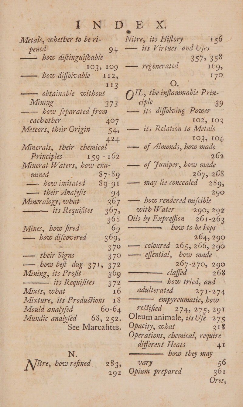 — how beft dug 371, 372 Mining, its Profit 369 its Requifites 372 Mixts, what 16 Mixture, its Productions 18 Mould analyfed 60-64 Mundic analyfed 68, 252. See Marcafites. 283, 292 oN. Nie how refined Metals, whether to be ri- Nitre, its Hiftory 956 J Ne: ae ee 94 —— its Virtues and Ujes ——~ how diftinguifbable | 257, 358 | 103, 109 —— regenerated ICQ, — how diffolvable 112, | 170. : 11 ; —— obtainable without ” IL, the inflammable Pria- Mining - oor 3 eipie. ; 39 —--— how feparaied from —— its diffolving Power . eachother OF? 102, 103 Meteors, their Origin 54, —— its Relation to Metais | 424. 103, 104 Minerals, their chemical — of Aimonds, how made Principles 159 -162 | 262 Mineral.Waters, bow exa- | —~ of Fumiper, how made mined 87-89 267, 268 —. how imitated 89-91 —— may lie concealed 280, — their Analyfis 94 290 . Mineralogy, what 367 —— how rendered mifcible its Requifites 367, with Water 290, 292 368 Ou:ls by Exprefion 261-262 Mines, how fired CQ ere hor oben — how difcovered 369, 264, 290 | an 240 —— coloured 265, 266, 290 -—— their Signs 370 —— effential, bow made 267-370, 290 claffed 268 how tried, and ° adulterated 271-274 empyreumatic, bow retiiied 274, 275,291 Oleum animale, itsU/e 275 Opacity, what 318 Operations, chemical, require different Heats AL how they may vary 5 Opium prepared 301 Ores,