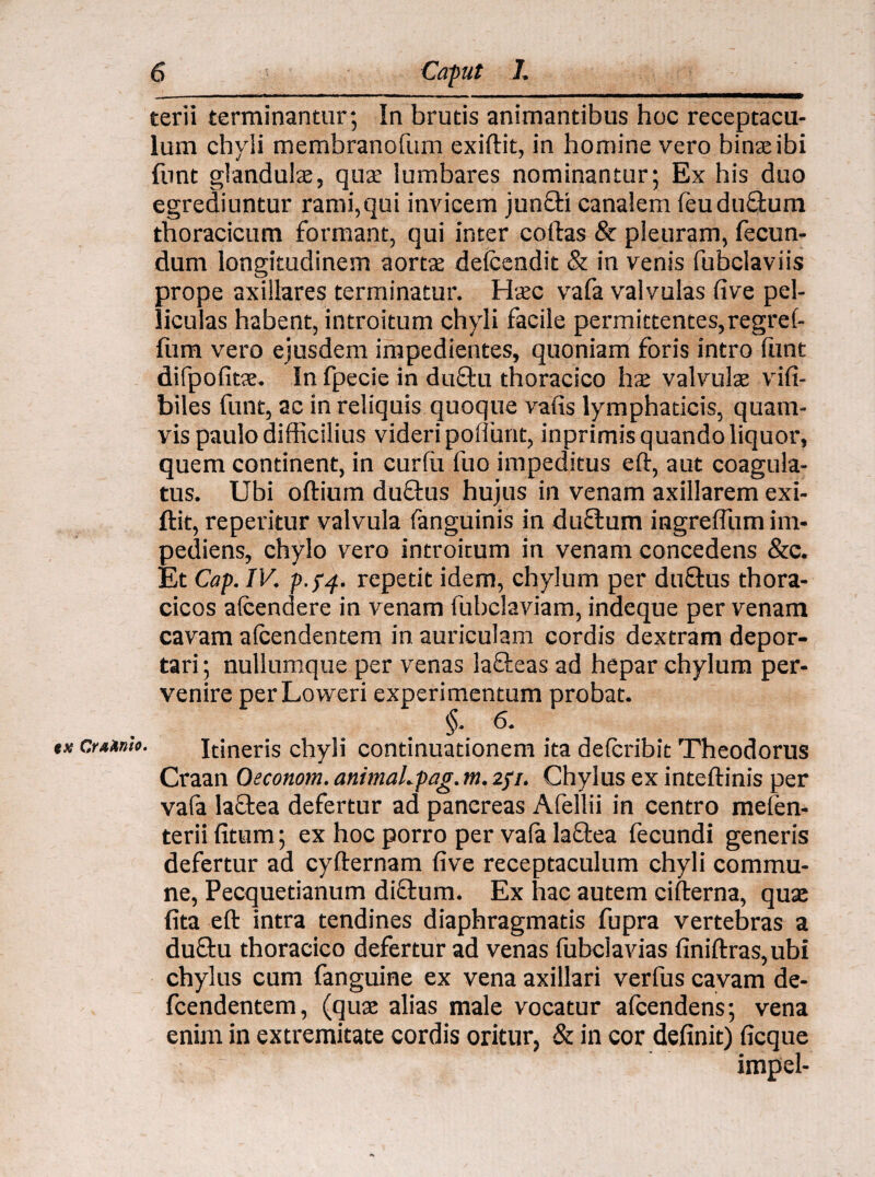 terii terminantur; In brutis animantibus hoc receptacu¬ lum chyli membranofum exidit, in homine vero binae ibi funt glandulae, quae lumbares nominantur; Ex his duo egrediuntur rami,qui invicem junfH canalem leudu&um thoracicum formant, qui inter codas & pleuram, fecun¬ dum longitudinem aortae defcendit & in venis fubclaviis prope axillares terminatur. Haec vafa valvulas live pel¬ liculas habent, introitum chyli facile permittentes,regref- fum vero ejusdem impedientes, quoniam foris intro funt difpofitae. In fpecie in du£tu thoracico hae valvulae vifi- biles funt, ac in reliquis quoque vafis lymphaticis, quam¬ vis paulo difficilius videri poliunt, inprimis quando liquor, quem continent, in curfu fuo impeditus ed, aut coagula¬ tus. Ubi odium duftus hujus in venam axillarem exi- dit, reperitur valvula fanguinis in duflum ingreffium im¬ pediens, chylo vero introitum in venam concedens &c. Et Cap. IV. p.f4- repetit idem, chylum per duftus thora¬ cicos alcendere in venam fubclaviam, indeque per venam cavam alcendentem in auriculam cordis dextram depor¬ tari ; nullumque per venas lafteas ad hepar chylum per¬ venire perLoweri experimentum probat. §. 6. Itineris chyli continuationem ita delcribit Theodorus Craan Qeconom. animaLpag. m, 2//. Chylus ex intedinis per vafa laftea defertur ad panereas Afellii in centro mefen- terii litum; ex hoc porro per vafa laffcea fecundi generis defertur ad cydernam live receptaculum chyli commu¬ ne, Pecquetianum diftum. Ex hac autem ciderna, quae (ita ed intra tendines diaphragmatis fupra vertebras a du£tu thoracico defertur ad venas fubclavias linidras,ubi chylus cum fanguine ex vena axillari verfus cavam de- fcendentem, (quae alias male vocatur alcendens; vena enim in extremitate cordis oritur, & in cor definit) ficque