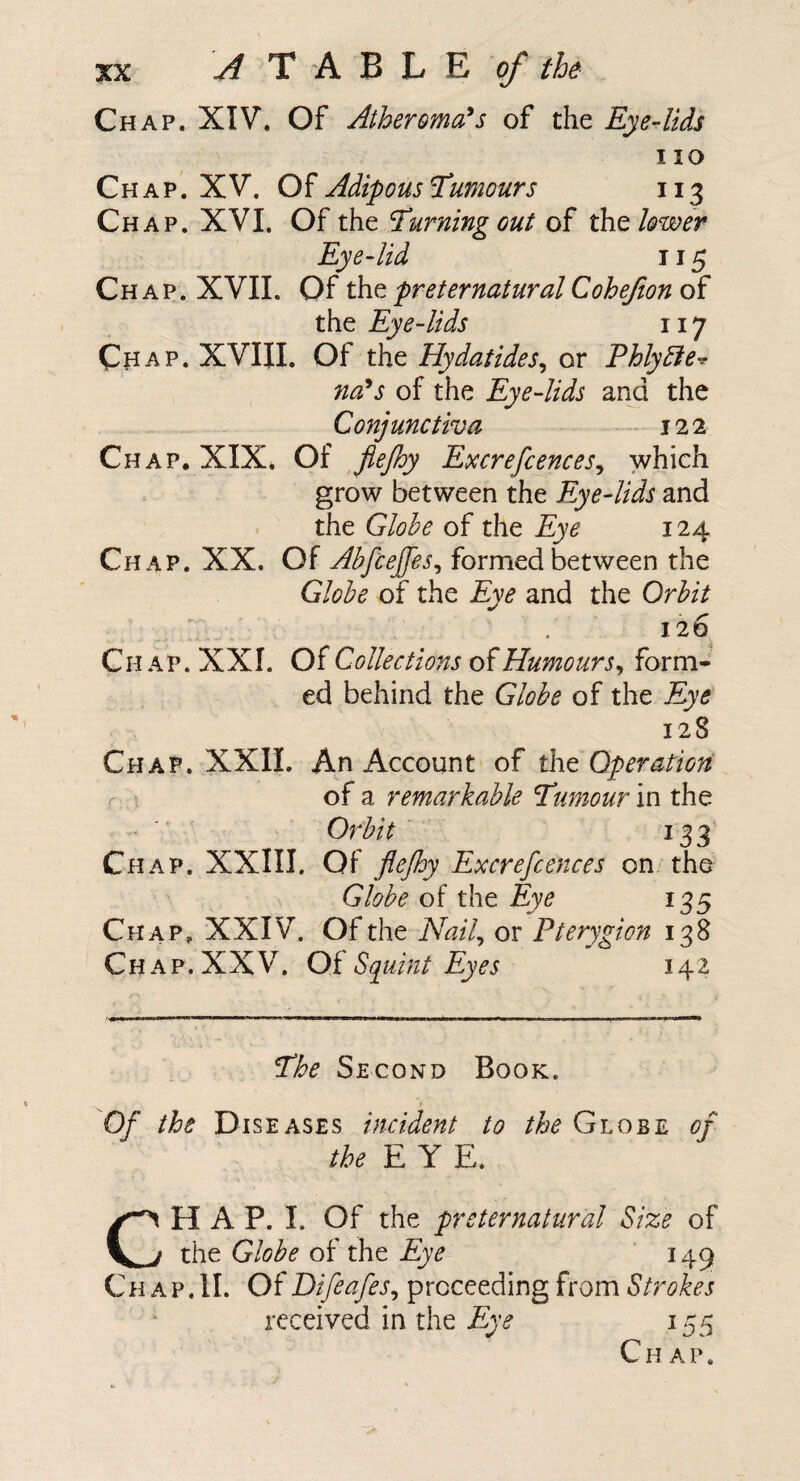 Chap. XIV. Of Atheroma^s of the EyeAids I lO Chap. XV. Adipous humours 113 Chap. XVI. Of the burning out of tht lower Eye-lid 115 Chap. XVII. Of the preternatural Cohejton of the Eye-lids 117 CfiAP. XVm. Of the Hydatides^ or ThlyBe^ na*s of the Eye-lids and the Conjunctiva 122 Chap. XIX. Of flejhy Excrefcences^ which grow between the Eye-lids and the Globe of the Eye 124 Chap. XX. Of Abfcejfes^ formed between the Globe of the Eye and the Orbit 126 Chap. XXL Of Collections of Humours^ form¬ ed behind the Globe of the Eye 128 Chap. XXII. An Account of the Operation r , of a remarkable Tumour in the  ' Orbit 133 Chap. XXIIL Of flejhy Excrefcences on the Globe of the Eye 135 Chap, XXIV. Of the Nail^ or Pterygion 138 C h A p. X X V. Of Sqiiint Eyes 142 The Second Book. Of the Diseases incident to Globe of the EYE. CH A P. I. Of the preternatural Size of the Globe of the Eye 149 Chap.il Of Difeafes^ proceeding from Strokes received in the Eye 155 Chap.