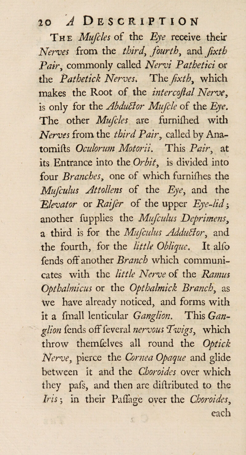 The Mufcles of the Eye receive their Nerves from the thirds fourth ^ and fxtb Pair^ commonly called Nervi Pathetici or the Pathetick Nerves, The fxth^ which makes the Root of the intercofal Nerve^ is only for the Abdudlor Mufcle of the Eye. The other Mufcles are furnillied with Nerves from the third Pair^ called by Ana- tomifts Oculorum Motorii. This Pair^ at its Entrance into the Orbit^ is divided into four Branches^ one of which furnifhes the Mufculus Attollens of the Eye^ and the Elevator or Raifer of the upper Eye4id ^ another fupplies the Mufculus Deprimens^ a third is for the Mufculus Addudior^ and the fourth, for the little Oblique. It alfo fends oiff another Braiwh which communi¬ cates with the little Nerve of the Ramus Opthalmicus or the Opthalmick Branchy as We have already noticed, and forms with it a fmall lenticular Ganglion. This Gan¬ glion fends off feveral nervous Twigs^ which throw themfelves all round the Optick Nerve, pierce the Cornea Opaque and glide between it and the Choroides over which they pafs, and then are diflributed to the Iris; in their Paffage oyer the Choroides, each