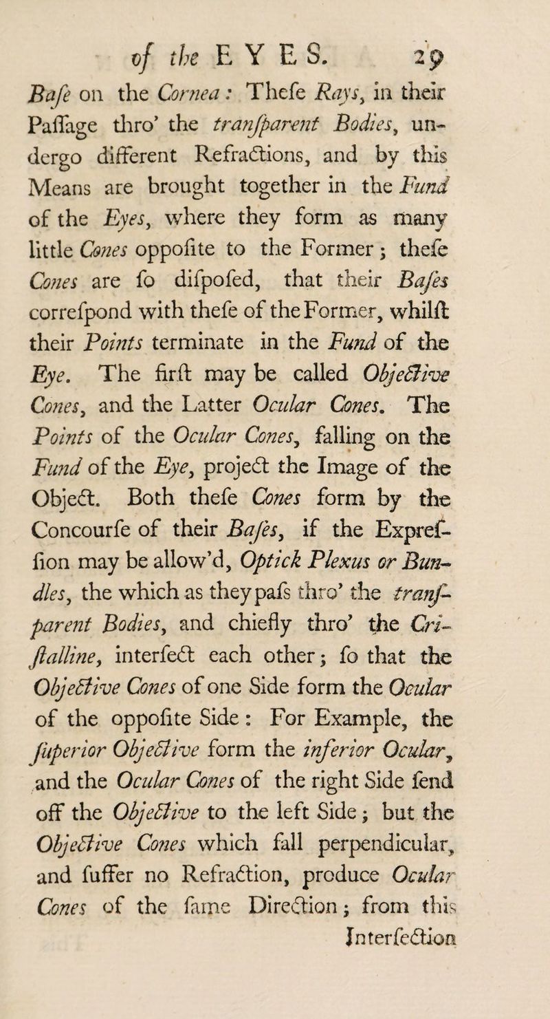 Bafe oil the Comea: Thefe Rays^ In their Paflage tliro* the trayifparent Bodies^ un¬ dergo different Refradions, and by this Means are brought together in the Fu?id of the Eyes, where they form as many little Cones oppofite to the Former ; thefe Copies are fo difpofed, that their Bafes correfpond with thefe of the Former, whilft their Points terminate in the Fund of the Eye. The firft may be called ObjeSlive Cones, and the Latter Ocular Cones. The Points of the Ocular Cones, falling on the Fimd of the Eye, projed the Image of the Objed. Both thefe Cones form by the Concourfe of their Bafes, if the ExpreC- fion may be allow’d, Optick Plexus or Bun-- dies, the which as theypafs thro’ the tra?if- parent Bodies, and chiefly thro’ the Cri- fialline, interfed each other; fo that the Objective Cones of one Side form the Ocular of the oppofite Side : For Example, the Juperior ObjeBive form the inferior Ocular, and the Ocular Cones of the right Side fend off the Objeblive to the left Side; but the ObjeBive Cones which fall perpendicular, and fuffer no Refradion, produce Ocular Cones of the fame Diredion; from this Jnterfedion