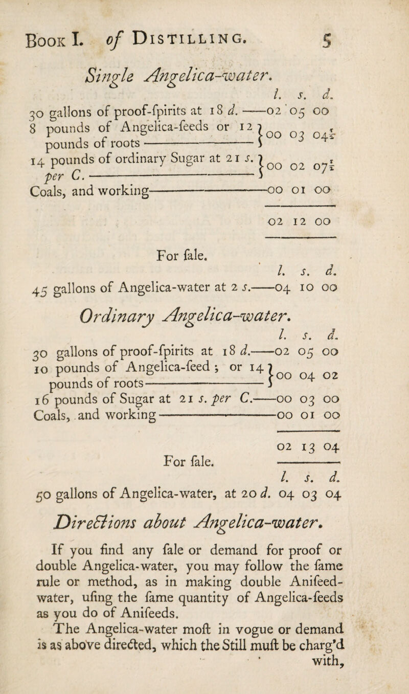 Singh Angelica-voate7\ 1. s. d. 30 gallons of proof-fplrits at d.-02 05 00 8 pounds of Angelica-feeds or 12 ^ pounds of roots-^-S ^ 14 pounds of ordinary Sugar at 21 7 ^ , per C.-S Coals, and working- ■'OO 01 00 For fale. 10 pounds of Angelica-feed ; or 14 pounds of roots- Coals, and working For fale. 02 12 OO /. s. d. 04 10 00 ter. 1. i. —02 05 00 |oo 04 02 —00 03 00 —00 01 00 02 13 04 /. s. d. h 04 03 04 DireBions about Angelica-water. If you find any fale or demand for proof or double Angelica-water, you may follow the fame rule or method, as in making double Anifeed- water, ufing the fame quantity of Angelica-feeds as you do of Anifeeds. The Angelica-water mofl: in vogue or demand is as above diredted, which the Still mull be charg’d with.