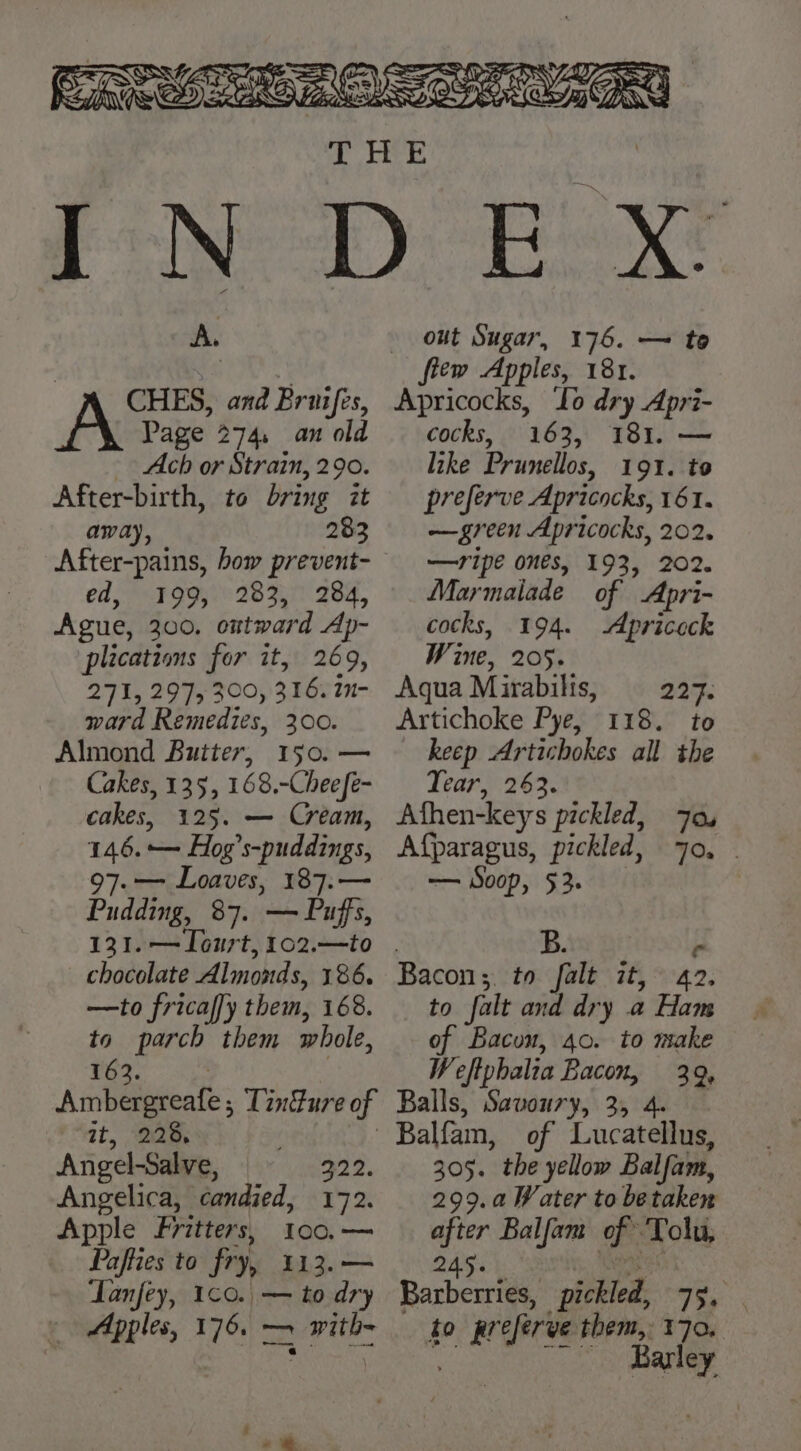 away, 283 After-pains, how prevent- ed, 199, 283, 284, Ague, 300. ontward Ap- plications for it, 269, 271, 2975 300, 316. 2- ward Remedies, 300. Almond Butter, 150. — Cakes, 135, 168.-Cheefe- cakes, 125. — Cream, 146. — Hog’s-puddings, 97. — Loaves, 187.— Pudding, 87. — Puffs, 131. —Iourt, 102.—to chocolate Almonds, 186. —to fricaf]y them, 168. to parch them whole, it, 228, Angel-Salve, 322. Angelica, candied, 172. Apple Fritters, 100.— Pafties to fry, 113.— Tanfey, 1co. — to dry Apples, 176. — with- » out Sugar, 176. — to Apricocks, Io dry Apri- cocks, 163, 181. — like Prunellos, 191. to preferve Apricocks, 161. —green Apricocks, 202. —ripe ones, 193, 202. Marmalade of Apri- cocks, 194. Apriceck Wine, 205. Aqua Mirabilis, 227. Artichoke Pye, 118. to keep Artichokes all the Year, 263. Afhen-keys pickled, 7a, Afparagus, pickled, Jo. | — Soop, 53. ) | B. c Bacon;. to falt it, 42. to falt and dry a Ham of Bacon, 40. to make Weftphalia Bacon, 39, of Lucatellus, 305. the yellow Balfam, 299. a Water to be taken after Balfam of ‘Tolu, 245%). ‘shuris, ame Barberries, pickled, 75, to preferve them, 170. ee ee Ory