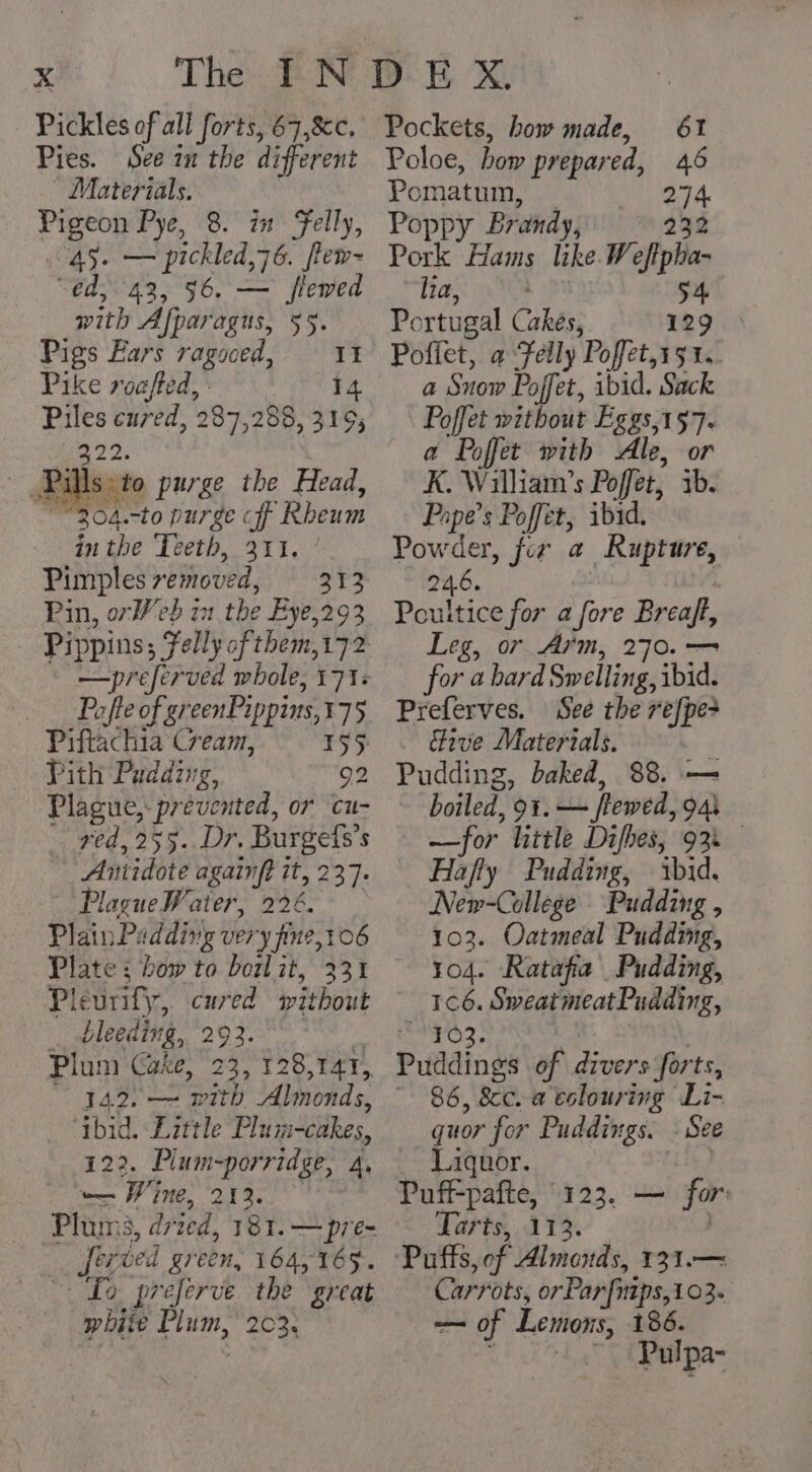 Pickles of all forts, 67,8cc. Pies. See iu the different Materials. Pigeon Pye, 8. in Felly, 45. — pickled,76. flew- “ed, 42, 56. — flewed with Afparagus, 55. Pigs Ears ragoced, 11 Pike roafted, | 14 Piles cured, 287,288, 3195 922. ills to purge the Head, “204.-to purge cof Rheum in the Teeth, 211, Pimples 7 emoved, 313 Pin, or V eb 11 the Fye,293 —preferved whole, 171+ Pafle of greenPippins,175 Piftachia Cream, 155 Pith Pudding, 92 Plague, prevented, or cu- red, 255. Dr. Burgefs’s Antidote againft it, 237: PlagueWater, 226 Plain Ps dding ver y fine, 10 Plate : bow to boal it, i P! curity, cured without bleeding, 293. Plum Cake, 23,128 JIAT,, 142. — ‘pith Almonds, ‘ibid. Little P Tuns~cakes, 126. Plum-porridge, A, = Bi ime, 213. Plums iS, a7 ied, 181. — pre- drs wed green, 164,165. Lo preferve the great white flim, 203, Pockets, how made, 61 Poloe, how prepar ed, 46 Pomatum, | 274, Poppy Brandy, 298 Pork Hams like Wellpba lia, 54 Px rtugal Cakes, 129 Poffet, a Felly Poffet, 1%. a Snow Poffet, ibid. Sack Poffet without Eggs,157. a Poffet with Ale, or K. William’s Poffet, ib. Pope’s Poffet, ibid. Powder, fir a Rupture, 24.6. Poultice for a fore Breaff, Leg, or Arm, 270.— for a bard Swelling, ibid. Preferves. See the a — Give Materials. Pudding, baked, 88. — boiled, 91. — jlewed, 94) —for little Difhes, 93. Hafty Pudding, ibid. New-College Pudding , 103. Oatmeal Pudding, 104. Ratafia Pudding, iS C e SweatmeatPudding, Puddings of divers forts, 86, &amp;c. a eslouring Li- quor for Puddings. - See _ Liquor. Puff-pafte, 123. — for Tarts, 113. Carrots, orPar[nips,103. cal Lemons, 186. Pulpa-