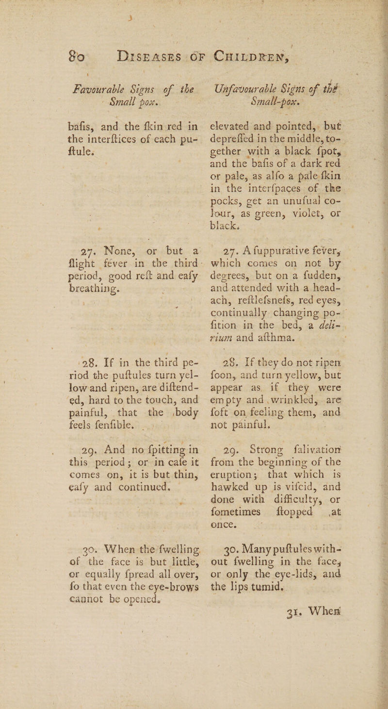 Favourable Signs of the | Small pox. bafis, and the tkinwed in the interftices of each pu- ftule. é period, good reft and enty a 28. If in the third pe- riod the puftules turn yel- low and ripen, are diftend- ed, hard to the touch, and painful, that the ,body feels fenfible. 29. And no {pitting in this period; or in cafe it comes on, it is but thin, eafy and continued. of the face is but little, or equally fpread all over, fo that even the eye-brows cannot be opened. 7 Unfour able Signs of the Small rie elevated and satntetes but deprefled in the middle, to- gether with a black fpot, or pale, as alfo a pale fkin pocks, get an unufual co- Tour, as green, violet, or black. 27. A fuppurative fever, which comes on not by deerees, but on a fudden, and. attended with a head- ach, reftlefsnefs, red eyes, rium ana aithma. 28. If they do not ripen foon, and turn yellow, but appear as. if they were empty and .wrinkled, . are foft on, feeling Shas and not painful. 29. Strong falivation from the beginning of the eruption; that which. is hawked up is vifcid, and done with difficulty, or fometimes ftopped at once. 30. Many puftules with- out {welling in the face, or only the eye-lids, and the lips tumid.. : xa et f s SE ee