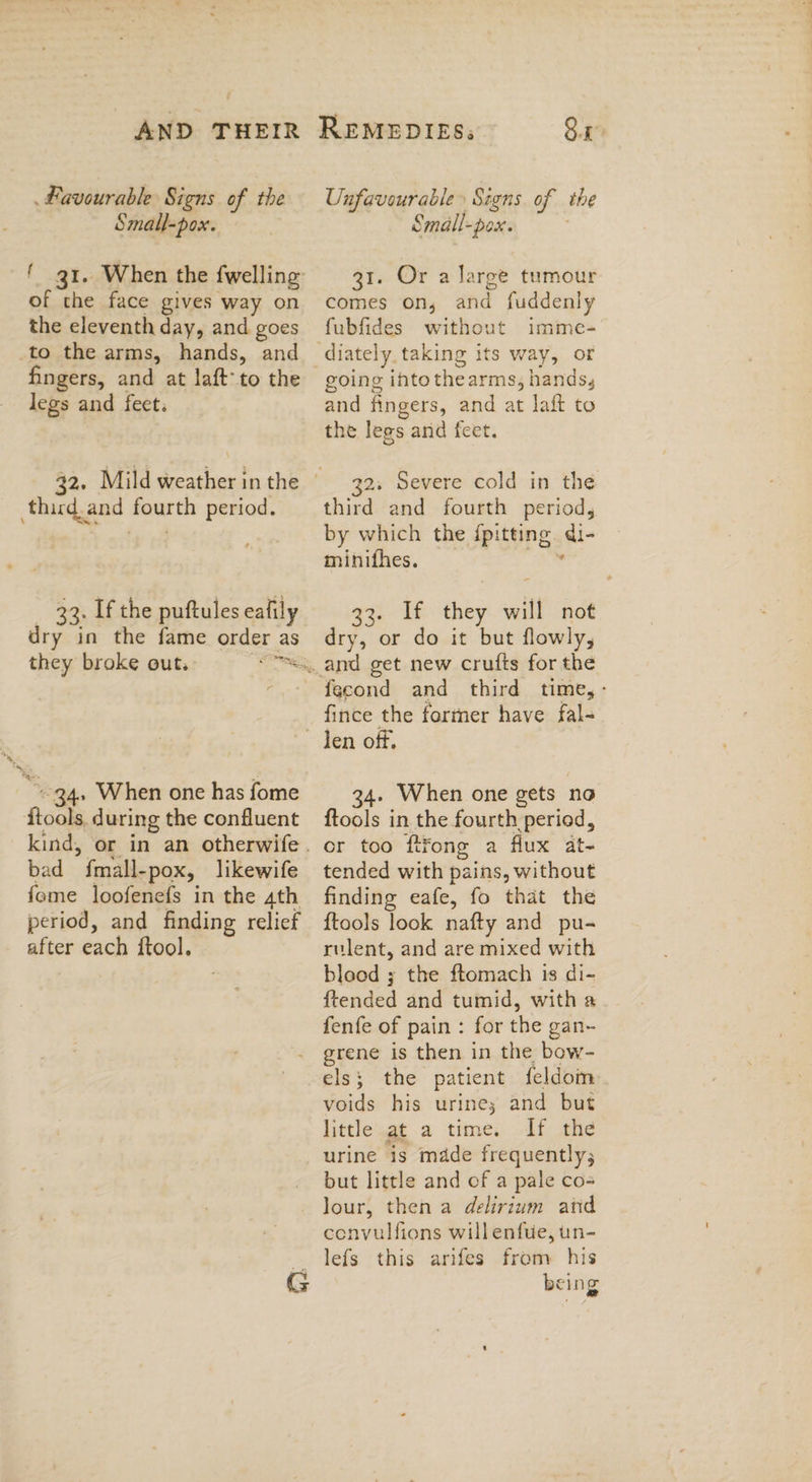 Favourable Signs of the Small-pox. f the face gives way on the eleventh day, and goes to the arms, hands, and fingers, and at laft- to the legs and feet. third and fourth period. 33. If the puftules ealily dry in the fame order as wm “34, When one has fome ftools. during the confluent bad fmall-pox, likewife fome loofenefs in the 4th period, and finding relief after each ftool. Unfavourable» Signs. of the Small-pox. ar. Or a Jarge tumour comes on, and fuddenly fubfides without imme- going into thearms, hands, and fingers, and at laft to the legs and feet. 2. Severe cold in thé third and fourth period, by which the pitting. ai minifhes. ao) Tf ‘they will not dry, or do it but flowly, and get new crufts for the fecond and third time, - fince the former have fal- 34. When one gets no {tools in the fourth period, or too fifong a flux at- tended with pains, without finding eafe, fo that the {tools look nafty and pu- rulent, and are mixed with blood ; the ftomach is di- {tended and tumid, with a fenfe of pain : for the gan~ els; the patient feldom voids his urine; and but little at a time. If the urine is made frequently; but little and of a pale co- Jour, then a delirium arid cenvulfions will enfue, un- lefs this arifes from his being