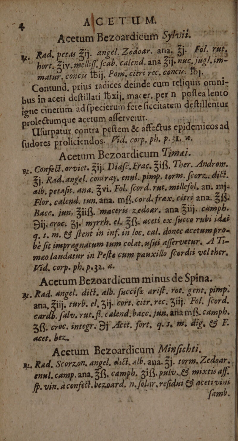 -— 4 PU Wer rM AICETUM.. | ! ^ ^3 T «(7s Acetum Bezoardicam Syluis -untmm 4 y. Rad. peras 2i. angel, Zedoar. ana, £j Ew. His bert. Ziv.melliff. fcab. calend. ana ijnac, jugl.im- 3n matur. conci lij. Por, citri vec. conci. Tb. — ' Centund, prius radices deinde cum reliquis omni- bus ín aceu deftillati ibxij, macer, per n peflealento . ene cinerum adfpecierum fere ficcitatem deftillentur |. ole&umque acetum affervetur. — avail UE o - Uifurpatur contra peftem & affz&tus epidemicosad (uderes proliciendos-. Pid, corp, ph. p.34. Acetam Bezoardicum Visa. ; 0057 y. Confett. orviet. Zij Diafc. Erac. 2if3. Ther. Androm. (Sj Rad. angel. contra. enul. pimp. tort. fCorz. dict. alb, petafrt. ana. $vi. Fol. frord. vut. millefol, am. mj: Flor, caleud. tun. ana. mí[5.cord. frax; citri ana. Zí: Bacc,. jun. iis. mactris- zedoar, ana £iij. campb. Biij. eroe. 3j myrrh. el. [y «ceti ex Jfnueco rubi idas q. 5. m. EÓ flent in inf. in loc, cal. donec acetum pro be fit impragnatum tum colat. niti affervetur, 4 Ti- — auxolaudatur in Pe[le cum panxilo fcordis vel ther. . Vid, corp. pb. p.32. *- * vH erede e a Acetum Bezoardicum minus de Spina. y. Rad. angel. ditt, alb. fuccifa. ariff . Yot. gent, pimp. ana, Ziij. zb. el, aij. cort. citr,rec. iij. Ful. fcord. card. (al. vut. fl. calend. bacc. jun, alia mf. camph. 2,3. croc. integr. Sj Act. fort, 4. 5, 17. dig, Cj F acet, bez. T NS | s .Aceuum Bezoardicum Minfichti. s. Rad. Scorzon. angel. eli£, alb. ana. Zi torm, Zedaar. , enul, camp ana, Sf, camph. 5if3, pulu..€3 mnxtis aff. | ff. vin. acenfett. lez.oard. o. folar.vefidui € acetivsus s Q0 fem.