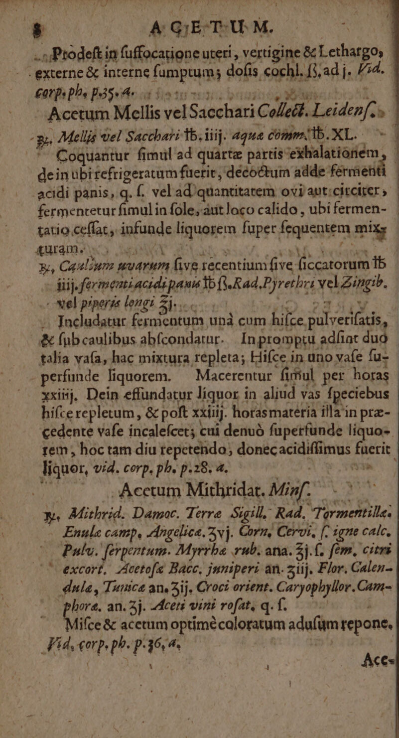 .; Prodeft in fuffocatione uteri, vertigine &amp; Lethargo; £arps phe pdSe4« iiis ^ Coquantur fimul ad quartz partis -exhalatiórniem deinubirefrigeratum fueric, decoctum adde ferrsenti acidi panis, q. f. vel ad/quantitatem ovi aut;citciter ; fermentetur fimul in fole; aut loco calido , ubi fermen- tatio ceffac, infunde liquorem fuper fequentem mix, gurdmewo px abut wu. covaM eret i x, Caulzura muarum (ive recentium five ficcatorum Tb jj. fermeniacidi pau Yo (Rad, Pyrethzi vel Zingib. - Nel prperzs long: EUR | ; - /. Jncludatur fernicntum unà cum hifce pulverifatis, &amp; fub caulibus abfcondarur. | Inpromptu adíiat duo talia vafa, hac mixtura repleta; Efifce in uno vafe fu- perfunde liquorem. ^ Macerentur fitiul per horas xxisj. Dein effundatur líquor in aliud vas fpeciebus hifcerepletum, &amp; poft xxiiij. hotasmatetia illain pre- liquor, vi4. cerp. pb. p.28. 4. rYR | ..Acctum Mithridat. Mipf. ^ ^ y^ Mitheid. Damoc. Terre Sigill, Rad, Termentills. Enula camp, Angelica. yw. Corn, Cervi, [. 1gne calc, Pulv. fevpentum. Myrrba vub. ana. 2j. (. fem, citri Coexcort, ZAcetofe Bacc, juniperi an. zuj. Flor. Calen- | dla, Tunc ans Sij, Croci orient. Caryophyllor. Cam- hora. an. 2j. 2dceti vini vofato q. f. — : Mie &amp; acetum optimécoaloratum adu(üm repone. Ji4, erp. p^ p:36,4. | | X -  Aces m ———stít a CÓ o