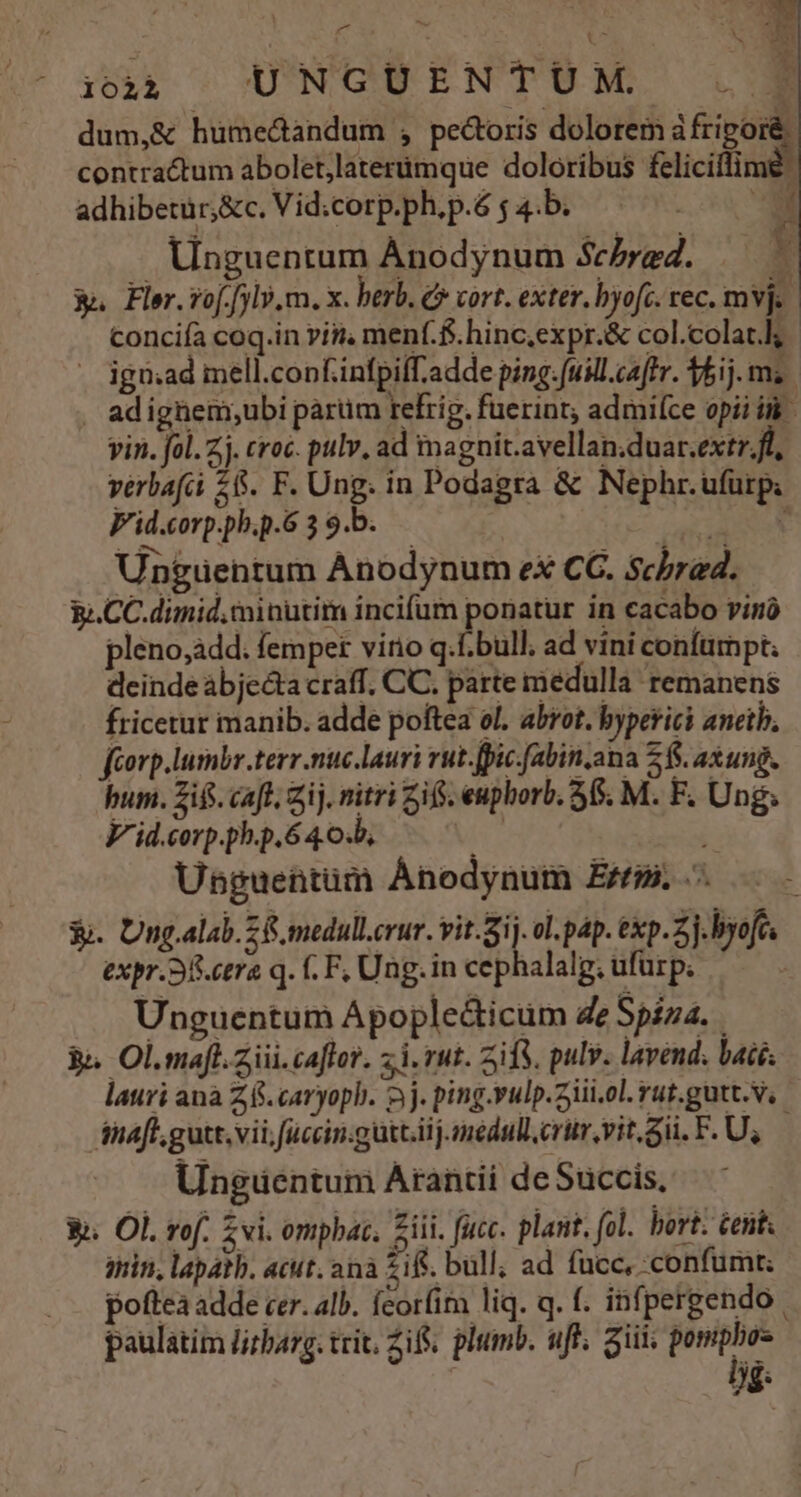 , | ed 71 X | i T ioàà UNGUENTUM D dum,&amp; hüme&amp;andum , pectoris dolorem des contractum abolet,laterümque doloribus feliciflime. adhibetur,&amp;c, Vid:corp.ph.p.6 5 4.b. E . Unguentum Ánodynum Schrad. * Àn Fler.vof.[ l9. m. x. herb. C» vort. exter. byofc. rec. mvj. conciía coq.in vin. men(.f.hinc,expr.&amp; col.colat.l; - ign:ad mell.confinfpiff.adde ping.[uill.caftr. 5ij. mz. . adigüem;ubi partim refrig. fuerint admifce opi ii vin. fol. Zj. croc. pulv, ad ima gnit.avellan.duar.extr.fl, verba(ci 58. F. Ung. in Podagra &amp; Nephr.ufürp: V'id.corp.pb.p.6 39.b.— a Ungüentum Anodynum ex CC. Schrad. b. CC.dimid,minüutim incifum ponatur in cacabo vinó pleno,àdd; femper vino q.f.bull. ad vini confumpt: deinde àbjecta craff, CC. parte medulla remanens fricetur manib. adde poftea ol. abrot. byperici anetb. fcorp.lumbr.terr.nuc.lauri rut.fpic.fabin.ana 2$. axung. bum. Ziff. caft. aij. nitri 2i. euphorb. 56. M. F. Ung; V'id.corp.ph.p.6 4.0.5, i Unsguentüm Anodynum Eie. 3j. Ung.alab.Z 8. medull.crur. vit. Sij. ol. pap. exp. 2j.byofe, expr.38.ctra q. f. F, Ung. in cephalalg; ufürp. | Unguentum Apople&amp;icum Ze Spina. 3» Ol.maft.2ii.caflor. zi. rut. 5iÍS. pulv. lavend. bai: lauri ana Z5. caryoph. 5j. ping.vulp.ziii.ol. rut.gutt.V, inaff. gutt.vii,fuccin.gütt.ii jnédull.crür, vits. F.U; — Unguentum Arantii de Succis, 3. Ol. rof. 2vi. ompbac. ziii. fucc. plant. fol. bort. tent ain, lapath. acut. anà 21&amp;. bull; ad fucc, confumt. poftea adde cer. alb. ícorfim liq. q. f. infpergendo paulatim lirbarg. trit. Zifs. plumb. uff; aiii; ponipbos hi