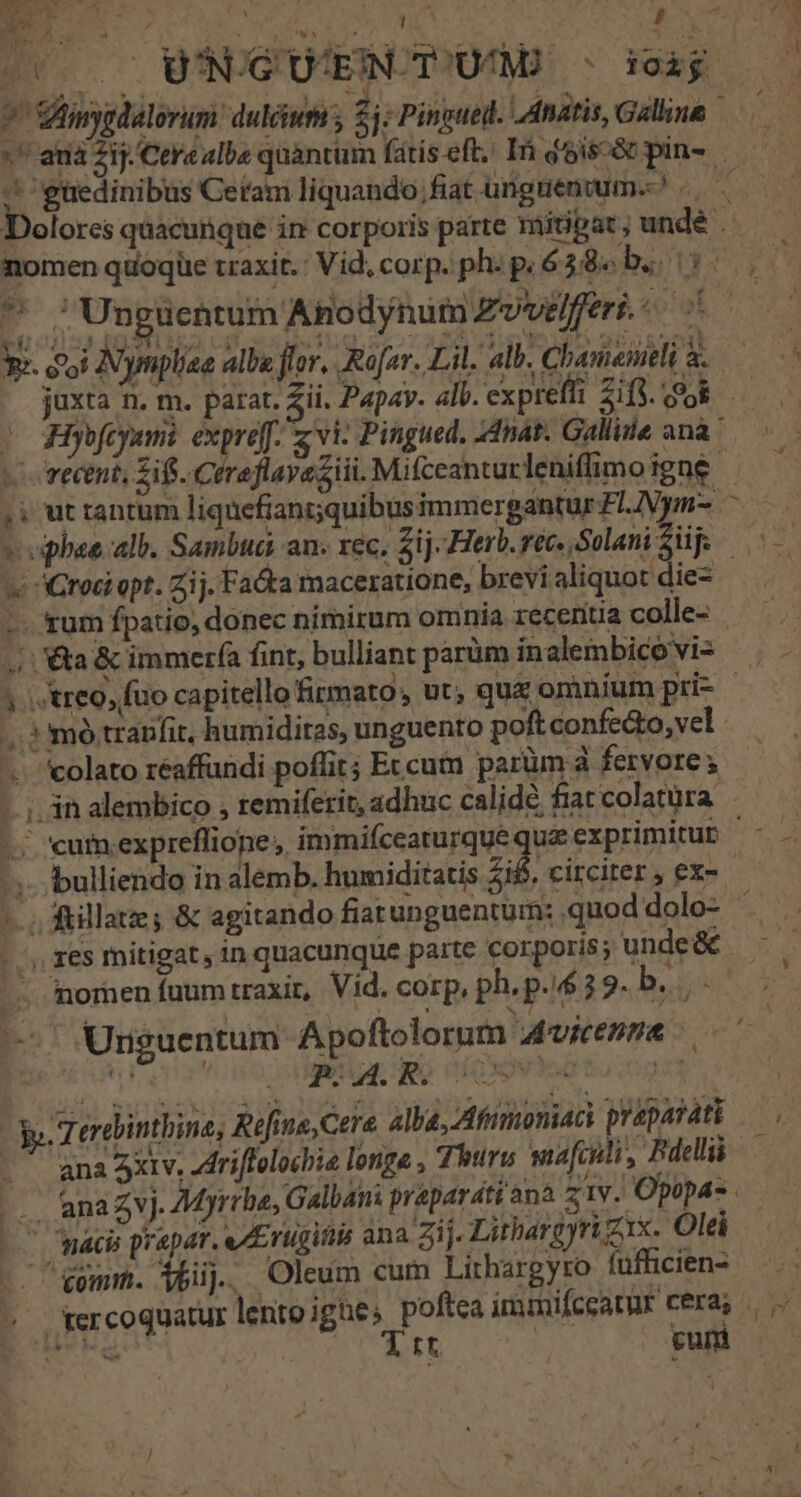 ENUAUCS o5 j * $74. Li , [a » qi i it 2 : - 2 «dit, i Ss l A /  (00 WNGUENTUM jag * VAinygdalorum dulciuti ; Z j; Pingued. LAnatis, Gallina atia Zij. Cere alba quantum fatis eft. In dgis-&amp;c pin- ^ giedinibus Cetam liquando;fiat ünguenwum. ..—— Dolores quacunque in corporis parte mitigat; undé . nomen quoque rraxit.: Vid, corp. ph. p. 6 286b411: E. Ungüentum Anodynuim Zvvelferi. (ool ye. ai A ynpliee alba for. Refer. Lil. alb. Chameiieli 8. juxta n. m. parat. Zi. Papay. alb. exprefli zd - Hyefeyami expre[[. s vi- Pingued, Z4nat. Gallite ana b recent, Ziff. Ctraflavaziii. Mifceanturleniflimo igne. | ,i uttantum liquefian;;quibus immergantur L.IVym- v oiphee alb. Sambia an» rec, $1j- Herb. rec. Solani $üf &amp; 'Groa opt. Zij. Fa&amp;ta maceratione, brevi aliquot die- -.. rum fpatio, donec nimirum omnia receriua colle- (|. Va &amp; immerfa fint, bulliant parüm inalembicovis — |. «treo, fuo capitello firmato, ut, quz omnium pri- - ... 3 mó tranfit, humiditas, unguento poft confe&amp;o, vel .. colato reaffandi poffit; Eccut parüm à fervore s ;. án alembico , remiferit, adhuc calidé. fiatcolatüra - .. cutn expreflione , immifcearurque quz exprimitur | ;5-.. bulliendo in alemb. humiditatis d. circiter, ex- -. ftillate; &amp; agitando fiatunguenturm: quoddolo- ' |, tes mitigat, in quacunque parte corporis; unde&amp; - nomen fuum traxit, Vid. corp, ph. p. 3 9. lih -' Uriguentum Apoftolorum Avicenna AGI YT IPO IARE TIG Yap tutis Y». Terebintbine, Refina, Cere. alba, Afsmoniaci praparati .— ana 3xtv; 4dri[telocbie longe , Thuru wafculi, delli | 'anazvj. Ayrrbe, Galbani praparati'ana ziv. Opopas. acis prapar. eErugitis ana. 7i]. Lithargyri zix. Olei ^gemm. Afij. Oleum cum Lithargyro füfficien- ; tercoquatur lentoighes poftea immifceatur cera; | Viii (Ct gui ^ DTE MU