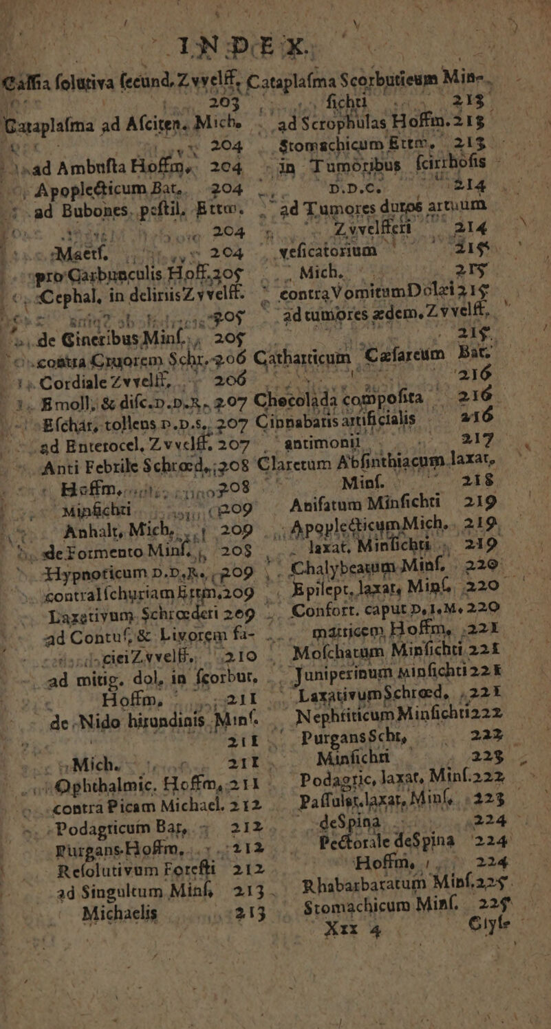 ' 203 ,ciei Z.vvelB., -.ad mitig. dol, in fcorbur, Hoffm, : 21I de: Nido hirandinis Min 2i1EL Mich. 21I. m .ontra Picam Michael. 212 Por Bar, ^ Purgans.HoR m,... R eíolutivum Fori ad Singultum Minf, Michaelis 411 212 51913 so febt v $15 Daaplafma: ad Afciten. Mich | «ad Scrophulas Hoffm.2 I$ / M x 204 $tomachicum ! Eutv. 21$ - 15ad Ambufta Hoffm,. 204 -. jin Tumorjbus fcirrbofis ; Apopledicum Bat, 204 , n ES a .1 .ad Buboners. paftil, Ett. . is) Tumores duros a artuum e 204 ; Z vxelfteri ps 214 Mae. (5d5uee 9 294 / xeicatosium M n ug pro 'Garbuaculis Hoffiog ... Mich :. 2 Arti tn; in ddlinisZ evel ? eontra VomitumDolzi 21$ f hE b Oy . sdtumores zem, Z v velft, | '. cotra Cruorem ; $chr. $06 Ctbardcum ICafaresm Bat — 15. Cordiale Zvvelit, 206 216 - 1. 8moll; & difc.n. D.A. 207 Checoljdà tocipofita. Tomi: D: -1 «Efchár, tollens n.D.s,, 207 Cipnabanis artficialis /5 «(6 ad Entetocel, Zvvcff. 207 . antimonii | Anti Febrile eic i208 Clarum Afi nthiscum. laxat, ( Bioffm, uitis no? Minf. 218 MipSchd. |... (pog Anifatum Minfi chri 219 -. Anhalt, Mic 209 | | Apoyledtic mMich. . 219. ;. de Formento M M Co h Ao TOES 219 . dHypnoticum D. Sue cgo9 s Chalybeatim Mist. (220: contralíchuriam Bittin,209 - Jpilept, laxat, Min. Confort. caput pdt 220 máiticem Hoffm, 2321 Mofíchatum Minfichti 22£ Nephiiticum Minfichtia22 PurgansSchr, Miünfichi — 223 -deSpina. .- Hoffm, (4x4 234 $tomachicum Minf. Xn o4 | d