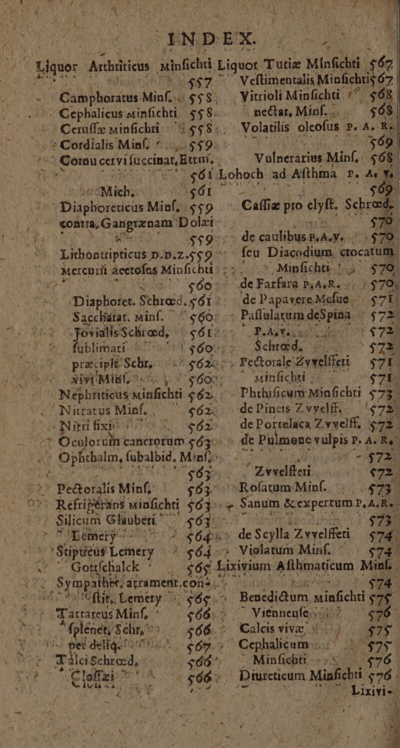 JGND dique: $57 | 'Cephalicus «infichti, $$8 T Cceruffz uinfichti .'* Cotdialis Minf, * . :' Com cervi fuccinar Bt. $61. ou Mich, !$61 Diaphoretcus Minf. $$9 conta, Gangrenam '—Dolzi LA » E X. 1 ^ Veftimentalis Minfichris 67 yitrioli Minfichti (^ $68 - nectar, Minf. . | $68 Volatilis olcofus P. A.RS $69 Vnlgeiireg Minf,. e | Lohoch ad Afthma D. À« | $09 Cifiz pro dft Schre: : de caulibus PéASY«  $79. feu Diacodium. erocatum ri Mercurii ácetofas Minfichti Es Minfichu |; $70. | $60:- de Farfara P.A,R. $79. Diapboret. Schrasd. di «de Papavere Mefue - $7l Sacchárat. Minf. — eo. Paflulatum deSpina 27472) Jovialis Scliaed, $ 6t: P.A,V.s : $72. ^'^ fublimati ^^ ! $697: dedii. jh $7X precipit Schr, ^$622;, Fectorale: Zvvelfteri $7 ^o Xi Mif, ^. $600; Minfichti ; $7E. Nephriticus sich $6x. Phthificunr Minf chti $75. .O Nuatratus Minf, , ^€6z. dec Pincis Zvvel&amp;f. 728 NH fixae i OX de Portulaca 7. vvclff. $72 * Oculorüthn cancrorum $63: dc Pülmene vulpis P, A. Ry E Ophtbalm, fubalbid, Minfz^.. vu 4722 ? 7663 ' Zvvelfai «72. d Pe&amp;toralis Minf, M -Rofatum: Minf. 473 Refripérans winfichti $63. Sanum Sepxperrum PAR. Silicum G laubeti  63. $735 IEemery ^. ? e6d.» deS$ icylla Zvvelferi $74. Stipucus Lemery | $64. Violatum Minf. $74. IN Gottfchalck ' 0 dd v tate ftu Lemery RPL- T e UE Yarrareis Minf, ^ $66. ] ^ fplénet; i $66 ^ X ei deliq. o7 $67. or CTáldSchrocd, - sóó* 2: 00 - Bescdidtum uinfichi uod Viennenfe;;: Bt P Calais viva 7j $7$ , Cephalicum:-. pDUees Minfichti 76. d ibd | Diurcticum Minfichi $76 j Vivis