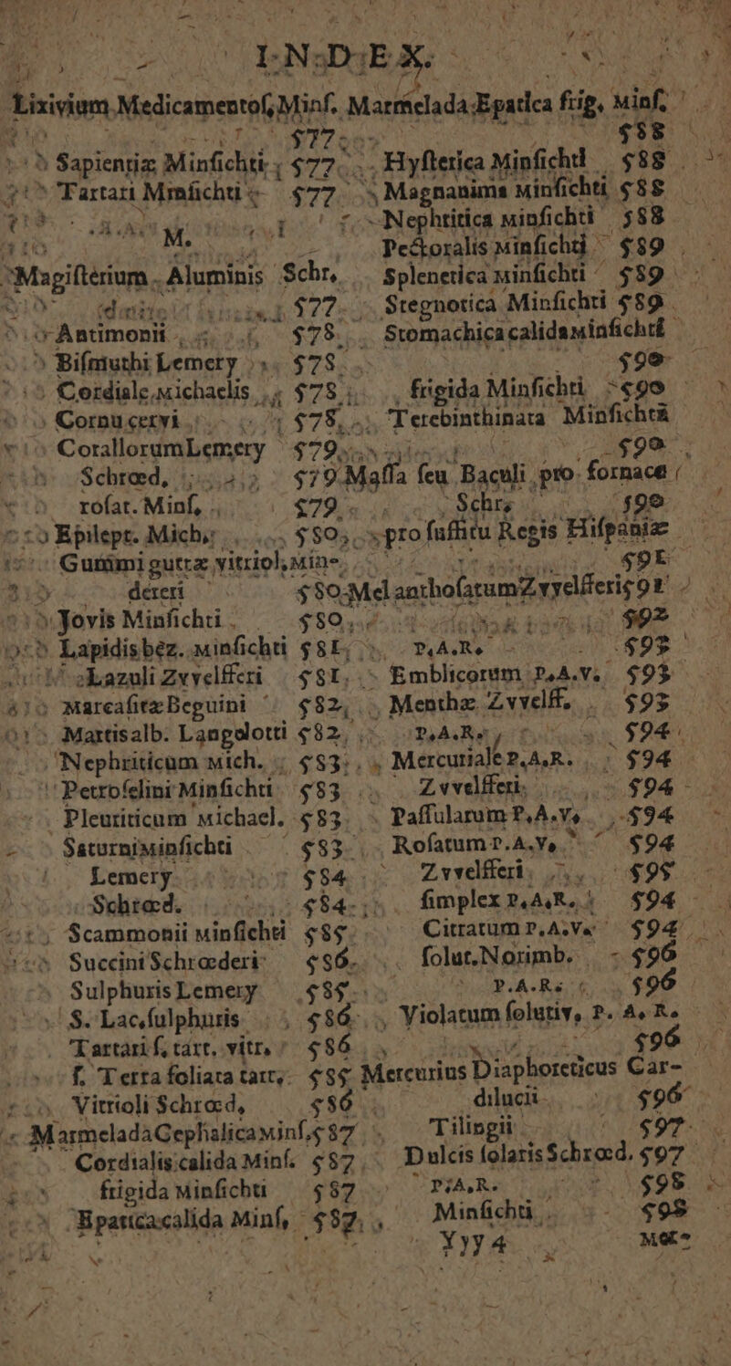 hs | i3 ) | LN DuEJ UL ; ) iion Medicamestef Mi. — M fig. wif p $T? $98 | ? Sapienri Minfichii ; $77... . Hyflerica Miofichd $88 . 3^ Fartari Masoue $77- 5 Magnanims Minfichti $88. RU ise M VA 7. Nephtitica uinfichti $88 [à Pce&amp;oralisMinfichd ^ $89 . BMgiiinn. Aluminis. Schr, Splenetica infichti ^ $89 Y .codaniievt iu 1172. ; Stegnotica Minfichti 4$9 . SA BUmonk- eod $79. Stomachica calidawinfichtd ^ Bifniutbi Lemery ke $7$54 $99 — ; Cerdiale, ,Michaelis M $78... fngida Minfi cdü «96 ^ . Cornu cervi i. [578,4 , Terebinthinara Minfichrà Y CoralloramLemery $79. 99 . Schreed, 12:412: $7 A fcu. 'Baculi. pro. fomes rófat. Minf, . $79...) Schr, t f 2 Epilept. Micbh,: , $805 s pro. fafftu P Rcgis Hips 1*5 Gunümigutrz, vitriol, Mine 5 $9E 2i» déreri — $8o:Md. asiborimizvyeeigor gU /» yovis Minfichi , ^ $80... LoNS pactum NAP a Yapidisbte. Minfichti $8E. *44. a xrcseeh USER. DN M ' ' ;kazuli Zvvelfferi $$I,.- Emblicorem P4A.V.- $95 415 MareafitzDeguini ^^ $82, , Menthz Zvvelt, | $95 a M |!^ Martisalb. Langelotti $82, T.A.Re 0 2s $04 5 Nephriticum wich. /;. $83; , ; Mercurial 2.A,R. E $94 . PeuofeinrMinfichi $83 .. Zwveffr $94 Pleuriticum Michael $83. ^ PaffulammP,A-Y,. ,.$94 --^ Saturniminfichti .— ^. $83. Rofaumr.A,v,.  ^ $94 . sLemey 505005 $84 5 Zvvdffn, 5. $99 Sohied. i 707 $84- 1: fimplex PAR. | — $94 3 ^t; Scammonii uinfichti $842: Citratum 7, Ae $94 Ses SucdniSchrederi: — $$6..... folut.Norimb. -$96 .— SulphurisLemery — ,$8$- SPA Re, e a PUO. c» $sLacfulpburis. |. $54... , iolatum folutiv, P. Ae Re . Kartari f tárt, vitr, ^ $86... $96 f Terrafoliaatar, $$$ Mercurius] iaphoreticus Car- 5. Vitrioli $chra:d, $86 . duci. | $967 .« MarmeladaGepliilicawinf,g 87. T ilingii. $97. Cordialiscalida Min, £$7, . Dulcis Blaktdren. $97. frigida Minfichi — $$7 PÍASRS 0000 ($98 - Bpaticacalida Minf, nho ^ Minfibiü,. .- $99