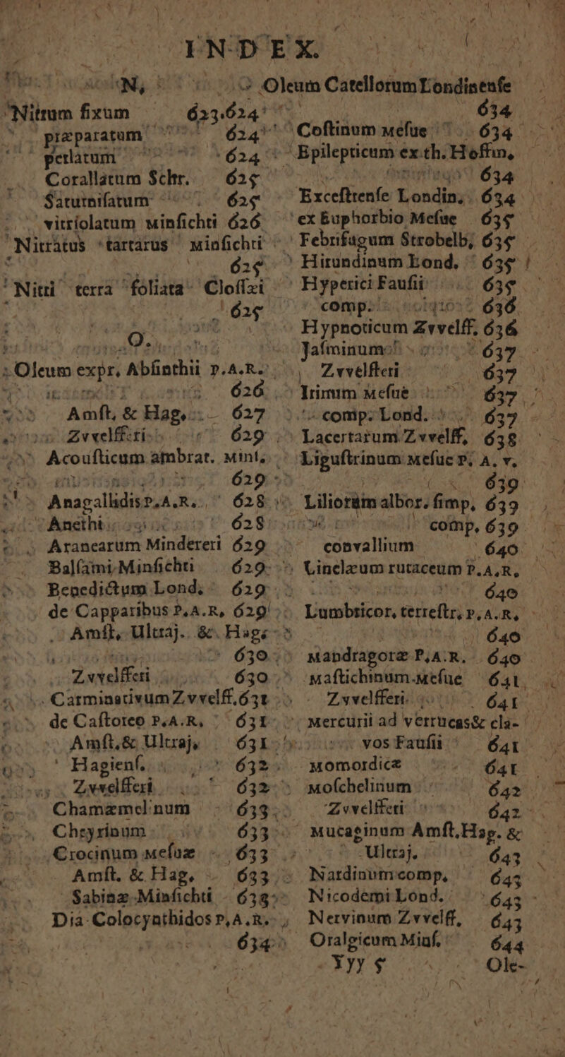 : * v AR FER 2L 62$ $a m pieparatum ^'^^ 624 perlatum. [5:4 Corallatum $chr...— 62$ $aturifaum ^*^. | 62$ .. vitríolatum uinfi chti $26 , Nicràtus i$ terrà fóliata- Clofízi Niui , 6x Eis expr. Abfhi p. pets Y T: 626 INN Amft, &amp; Hag. - |íL.627 eus Zevelfitiss (77 629 ; 20 Acoifticum ambrat. Mint, ues | 629 DE Ais Lp aRSU 628 sU Ànstht sU 628: TM Aranearum Mindereri $29 ^. 3alfamiMinfichi. |. 629. Benedictum Lond, ^ 629... ' 639; : Zefa ihi 630 ads Carmimativum Z vvelfi.ó31 i ^. de Caftoreo »,A.R, / 631 Amft&amp; Ulzaj | 631.5 o»; ' Hagienf.  632. ss Zunelfferi 632 Chamazmcel: num 633. , Chryrinum 633 — Arocnum wefaz. Amít. &amp; Hag, —. 633. Sabinz .Minfichti -. 658 ^ Ceftinum uéfüe T 634 'ex Euphorbio Mefue 634 Febrifagum Strobelb, 634 Hirundinum Eond. '' 654 | Hyperici Faufii comp. ci165. 636. H ypnoticum zevelf E Jafminum:! 6 ( Zvvefteri 2:637 Irinum Mefü&amp; 007 - 06337. - comp: Lond. . Sgen, Mefuc P. À. Y, cobra lium 640 640 Mapdragorz P.ASR. | 640 -Maftichnum.uefue — 641. - Zsveffer 2o Ó4l . -. Mercurii ad verrucgs&amp; cli-/. - vos Faufii 641 Momoirdice Ó4t hy Mofchelinum 642 Zvevelifeti 641- Mucaginum Amft, Hsg. &amp;; i *ulj. 641 Nardinum comp, 645 NicodemiLond. ^ 64; Nervioum Zvvelff, | $4; Oralgicum Min, — $42 -Xyy $
