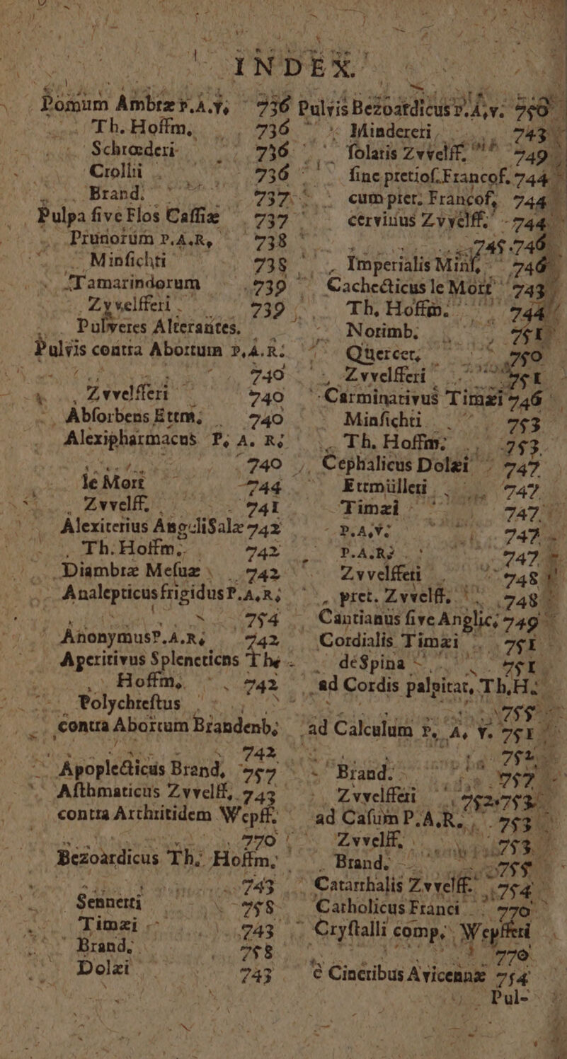 uia COPNDERO NAT ' f ons ABT 1$ 756 puli Beioatdio e: ^8 - Th.Hoffm, | , 736  . Minderri, |... | 7437 Sduoedeb. ^2 7560 7 Ah folatis Zvvelff, ^ 749. rolli ^ 577v 236 finc pretiof Francof. 744. * guiBraüd, t0 Powg A cum pter, Francof, 744] | Pulpa five Flos Caffiz € .737 . cervus Zvyaf 744. ^os. Prunofüm PAQR, (0 738 ^ usa 4$ 746. 7 Minfichti 738 . ,. Imperialis Minh, P Md Tamarindorum TTD ' Cachceáticus le Moi a^ Z y velfferi 739 |; Th, Hoff. e f Pulveres Alterantes. E Nonmb, | A Puliis contra Abortum P,ÀA.R: K Qüerceen ^ 27-3 | 3 a Zvvdffcri 777 voa E | AK deve | 740 CC iliidval Timzi 746 - Abforbens Ett; —— 740 Minfichi. . ^ | 763 Alexipharmacus P.A.R. Th.Hoffm; .. $3. Nf. ea , Cephilicus Dolzi 40747 leMoi 744. kumüled.. —— 747 M Zwwelf, |— 741 Timzi : 4 - 747 ^ —. Alexiterius Ang: di$alz 74 BALA rm WP |o. Th.Hoffm.. 74 uu PAR Un rm J.. Diambre Mefüz .. 742» ^. Zwvdfen |. ^ 748 d 1 Anilepticus frigidus? AR, 77^, pret. Zvvelf, ^ .248| r d N74 . Cantianus five Anglic, 749 A Aüenymus?, 4. A; 42 Cordialis Timzi |. M Apenas Splencticns be dé$pina - XAyé 7E. Hoffü, '., 743 . ad Cordis alic ThH; Ó Polychreftus V S vy , conta, Aboitum Brandenb; ad Calculum P v - 751. A i : EN UwS c ih Apople&amp;icas Brand, s S A Biand.. Fluor X S Aflhmaticus Zvvel, 245 — . Zvvelffei — 7RUSRU contia Athritidem Wpff. ad Cafiin P. AASR. EE 1 770 t S Zvvelif, id 4759. Bezoardicus Th: Holm; . .. Brand. A64 MAIS TL. Carinha]ié Zvveli£: * 4754. Sennetti 21428 7268: Catholicus Frand - su 7707. Tinzb; 2 S43 (Sall s comp, . Mey A . Brand, S28 778 Dolzi 743 e ' Cineribus Avicennx At ) N [A . Pu 9v d