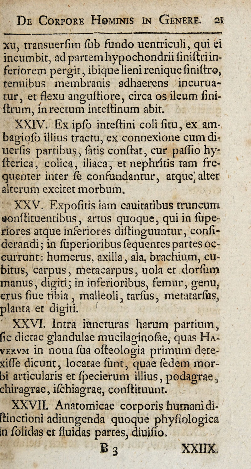 xu, transuerfim iub fundo uentriculi, qui ei incumbit, ad partem hypochondrii flniftriin¬ feriorem pergit, ibique lieni renique finiflro, tenuibus membranis adhaerens incurua- tur, et flexu anguftiore, circa os ileum fini- ftrum, in rectum inteflinum abit. XXIV. Ex ipfb inteftini coli fi tu, ex am- bagiofo illius tractu, ex connexione cum di- uerfis partibus, fatis conflat, cur paifio hy- fterica, colica, iliaca, et nephritis tam fre¬ quenter inter fe confundantur, atque] alter alterum excitet morbum. XXV. Expofitis iam cauitatibus truncum «onflituentibus, artus quoque, qui in fupe- riores atque inferiores diftinguuntur, confi- derandi; in fuperioribus (equentes partes oc¬ currunt: humerus, axilla, ala, brachium, cu¬ bitus, carpus, metacarpus, uola et dorfiim manus, digiti3 in inferioribus, femur, genu, crus fiue tibia , malleoli, tarfus, meta rarius,, planta et digiti. j XXVI. Intra iflncturas harum partium, fic dictae glandulae mucilaginoiae, quas Ha- vervm in noua iua ofteologia primum dete- xiife dicunt, locatae iunt, quae fedem mor¬ bi articularis et ipecierum illius, podagrae, chiragrae, ifchiagrae, conftituunt. XXVII. Anatomicae corporis humani di- ftinctioni adiungenda quoque phyfic>logica in /olidas et fluidas partes, aiuifio. B3 XXIIX.