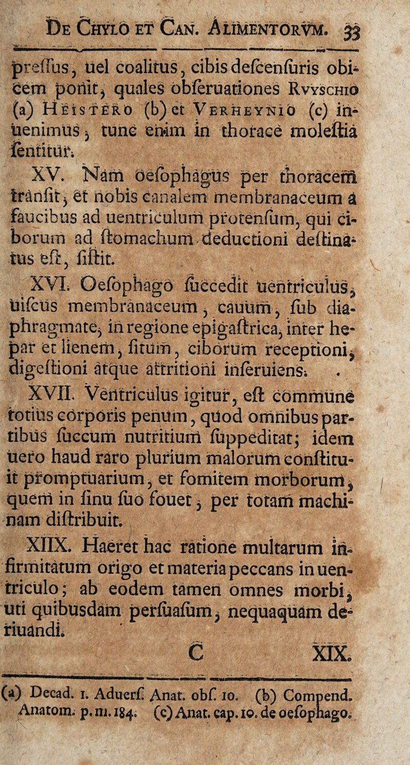 •- 11 “1' H ' 1 mu tama . ■ ■■ 1 ■ . ■■ M■ •* preffus, Uel coalitus, cibis delccnfuris obi¬ cem portitj quales obferuationes RvyschiO (a) Hiis tero (b) et Verheynio (c) in- uenimus * tunc enim in thorace moleftia fentitUfi XV. Nam oefbphagus per thoracem tranfitj St nobis Canalem membranaceum a faucibus ad uentriculurn protenfium, qui ci¬ borum ad ftomachunt deductioni deftinsu ius eft, fiftit. XVL Oefophago iuccedit itentricutiis* uifcUs membranaceum, cauum, fub dia¬ phragmate* in regione epigaftrica, inter he¬ par et lienem* fitUm, ciborum receptioni* digeltioni atque attritioni inferuienS; XVII. Ventriculus igitur, eft commune totius cdrporis penum, qUod omnibus par¬ tibus fuecum nutritium fuppeditat; idem itero haud raro plurium malorum conftitu- it promptuarium, et fomitem morborum, quem in iinu lito foUet * per totam machi¬ nam diftribuit. XIIX. Haeret hac ratione multarum in¬ firmitatum origo et materia peccans inuen- triculo; ab eodem tamen omnes morbi* uti quibusdam perliiafum, nequaquam de- riuandi. C XIX. (a) Decad. i. Aduerf Anat. obf io. (b) Compend. Anatom. p. ni. 184. (c) Anat. cap. 10. de oetophago.