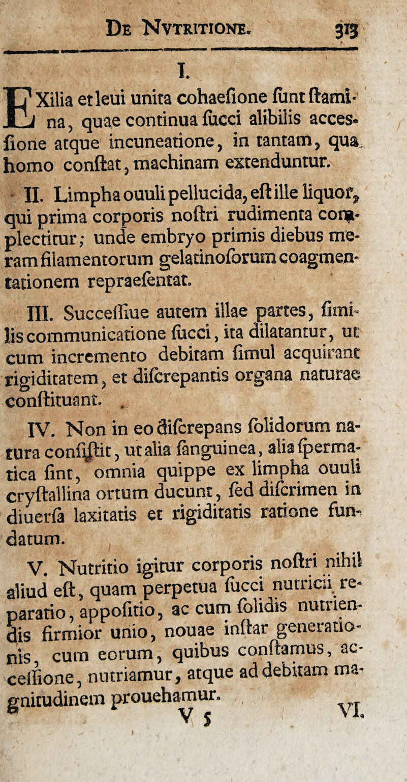 T. EXilia etleui unita cohaefione funt flami¬ na , quae continua fucci alibilis acces- lione atque incuneatione, in tantam, qua, homo conftat, machinam extenduntur. II. Limpha ouulipellucida, eft ille liquor* qui prima corporis noftri rudimenta com¬ plectitur ; unde embryo primis diebus me¬ ram filamentorum gelatinoforum coagmen¬ tationem repraefentat. III. Succeifiue autem illae partes, fimi- lis communicatione fucci, ita dilatantur, ut cum incremento debitam fimul acquirant rigiditatem, et diferepantis organa naturae conftituant. , IV. Non in eo diferepans folidorum na¬ tura confijlit, ut alia {anguinea, alia fperma- tica fint, omnia quippe ex limpha ouuli cryftallina ortum ducunt, fed diferimen in diuerfa laxitatis et rigiditatis ratione fun¬ datum. V. Nutritio igitur corporis noftri nihil liud eft, quam perpetua fucci nutrici re¬ trario , appofitio, ac cum folidis nutrien¬ tis firmior unio, nouae inftar generatio- ,tS cum eorum, quibus conflamus, ac- eifione, nutriamur, atque ad debitam ma¬ gnitudinem proueha^nur- 5 ^