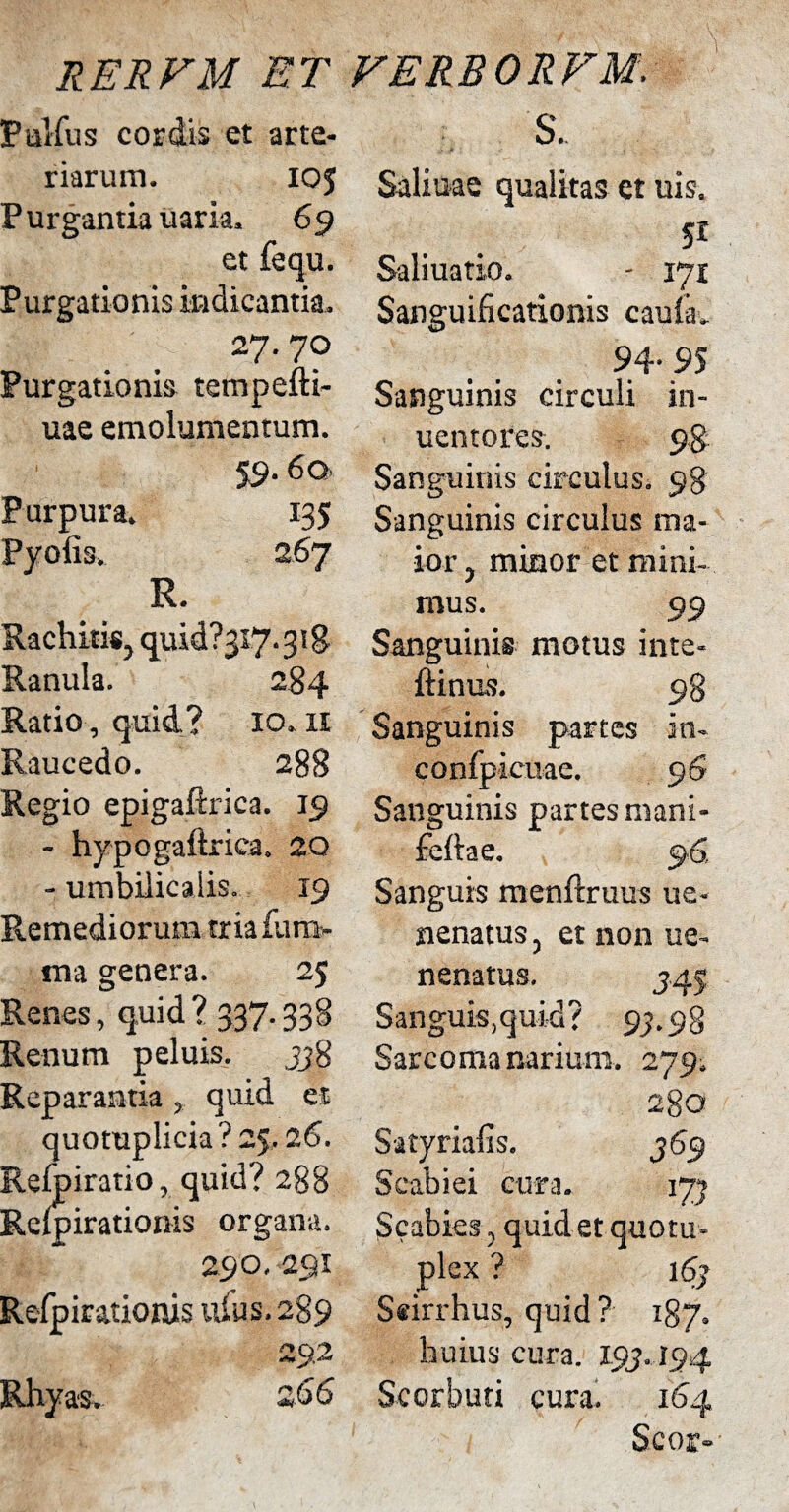 RERVM ET Pullus cordis et arte¬ riarum. 105 Purgantia uaria, 69 et fequ. Purgationisindicantia. 27. 70 Purgationis tempefti- uae emolumentum. 5 9. 6q. Purpura. 135 Pyofis. 267 R. Rachitis, quid?3l7-3!8 Ranula. 284 Ratio, quid? 10. n Raucedo. 288 Regio epigaftrica. 19 - hypogaftrica. 20 - umbilicalis. 19 Remediorum triaflim- 25 ma genera. Renes, quid? 337-338 Renum peluis, 33% Reparantia , quid ei quotuplicia? 25.2 6. Refoiratio, quid? 288 Relpirationis organa. 290, 291 Refpirationis ufus. 289 29.2 Rhyas. 266 VERBORVM. S. Salinae qualitas et uis. 5* Saliuatio. - 171 Sanguificationis caul-a. 94-95 Sanguinis circuli in- uentores. 98 Sanguinis circulus. 98 Sanguinis circulus ma¬ ior, minor et mini¬ mus. 99 Sanguinis motus inte- ftinus. 98 Sanguinis partes in- confpieuae. 96 Sanguinis partes mani- feftae. 9 6, Sanguis menftruus ue- nenatus, et non ue- nenatus. 545 Sanguis,quid? 93.98 Sarcoma narium. 279. 2x0 369 Satyriafis. Scabiei cura. Scabies, quid et quotu plex ? i6> Seirrhus, quid ? 187. huius cura. 193.194 Scorbuti cura. 164 Scor-