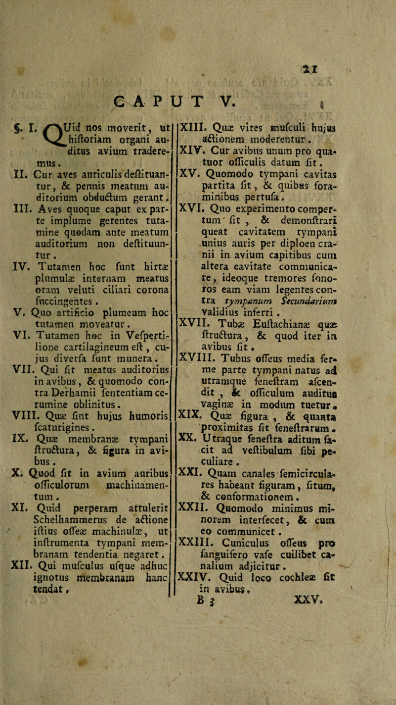 e APUT V. $. I. ✓\Uid nos moverit, ut V^hiftoriam organi au¬ ditus avium tradere¬ mus . II. Cur aves auriculis deftituan- tur, & pennis meatum au¬ ditorium obdudlum gerant. III. Aves quoque caput ex par¬ te implume gerentes tuta¬ mine quodam ante meatum auditorium non deftituun- tur. IV. Tutamen hoc funt hirte plumule internam meatus oram veluti ciliari corona {accingentes . V. Quo artificio plumeum hoc tutamen moveatur. VI. Tutamen hoc in Vefperti- lione cartilagineum eft , cu¬ jus diverfa funt munera. VII. Qui fit meatus auditorius in avibus, & quomodo con¬ tra Derhamii fententiam ce¬ rumine oblinitus. VIII. Que fint hujus humoris fcaturigines. IX. Que membrane tympani ftruftura, & figura in avi¬ bus . X. Quod fit in avium auribus ofTiculorum machinamen¬ tum . XI. Quid perperam attulerit Schelhammerus de a&ione iftius oflee machinule, ut inftrumenta tympani mem¬ branam tendentia negaret. XII. Qui mufculus ufque adhuc ignotus membranam hanc tendat. XIII. Que vires mufculi hujus aftionem moderentur. XIV. Cur avibus unum pro qua* tuor ofiiculis datum fit. XV. Quomodo tympani cavitas partita fit, & quibus fora¬ minibus pertufa. XVI. Quo experimento comper¬ tum' fit , & demonftrart queat cavitatem tympani .unius auris per diploen cra¬ nii in avium capitibus cum altera cavitate communica¬ re, ideoque tremores fono- ros eam viam legentes con¬ tra tympanum Secundarium validius inferri. XVII. Tube Euftachiane que ftru&ura, & quod iter in avibus fit. XVIII. Tubus ofieus media fer* me parte tympani natus ad utramque feneftram afeen- dit , fc ofliculum auditus vagine in modum tuetur, XIX. Qua; figura , & quanta proximitas fit feneflrarum, XX. U traque feneftra aditum fa¬ cit ad vertibulum fibi pe¬ culiare . XXI. Quam canales femicircula- res habeant figuram, fitutn, & conformationem. XXII. Quomodo minimus mi¬ norem interfecet, & cum eo communicet. XXIII. Cuniculus ofieus pro fanguifero vafe cuilibet ca¬ nalium adjicitur. XXIV. Quid loco cochlee fit in avibus, B i XXV.