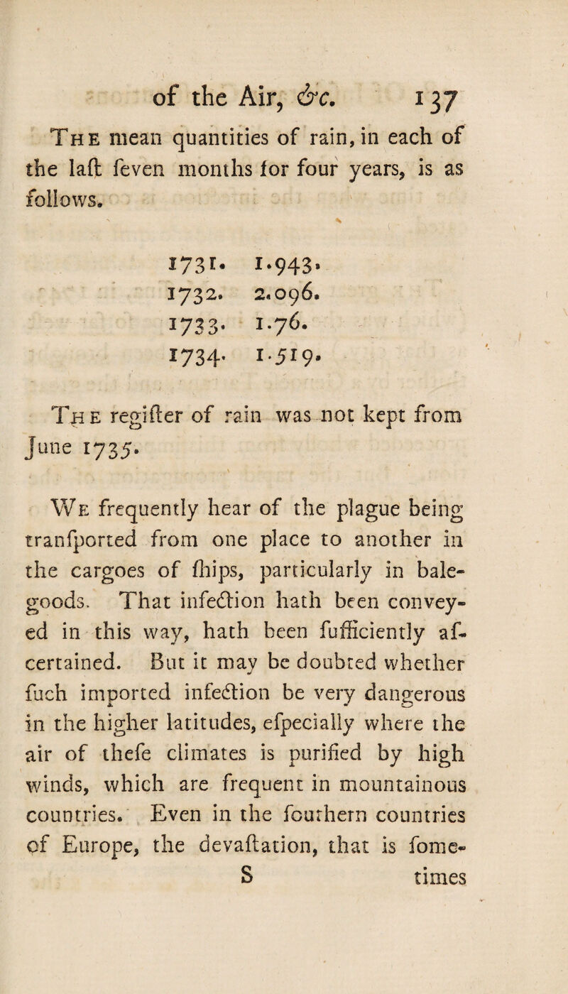 The mean quantities of rain, in each of the laft feven months for four years* is as follows. *73*- 1*943* 1732. 2.096. 1733- 1.76. 1734- 1.519. The regifter of rain was not kept from June 1735, We frequently hear of the plague being tranfported from one place to another in the cargoes of fhips, particularly in bale- goods. That infection hath been convey¬ ed in this way, hath been fufficiently af- certained. But it may be doubted whether fuch imported infection be very dangerous in the higher latitudes, efpecially where the air of thefe climates is purified by high winds, which are frequent in mountainous countries. Even in the foiuhern countries of Europe, the devaluation, that is fome- S times