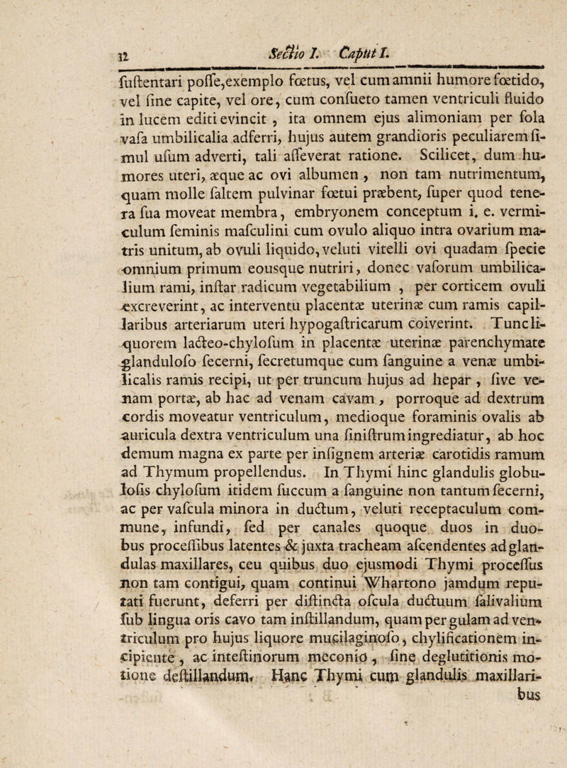 fuftentari pofle,exemplo foetus, vel cum amnii humore foetido, vel fme capite, vel ore, cum confueto tamen ventriculi fluido In lucem editi evincit , ita omnem ejus alimoniam per fola vafa umbilicalia adferri, hujus autem grandioris peculiarem fi- mul ufum adverti, tali affeverat ratione. Scilicet, dum hu¬ mores uteri, seque ac ovi albumen , non tam nutrimentum, quam molle'faltem pulvinar foetui praebent, fuper quod tene¬ ra fua moveat membra, embryonem conceptum i, e. vermi¬ culum feminis mafculini cum ovulo aliquo intra ovarium ma¬ tris unitum, ab ovuli liquido, veluti vitelli ovi quadam fpecie •omnium primum eousque nutriri, donec vaforum umbilica¬ lium rami, inftar radicum vegetabilium , per corticem ovuli -excreverint, ac interventu placentae uterinae cum ramis capil¬ laribus arteriarum uteri hypogaftricamm coiverint. Tunc li¬ quorem la&eo-chylofum in placentae uterinae parenchymate glandulofo fecerni, fecretumque cum fanguine a vena: umbi¬ licalis ramis recipi, ut per truncum hujus ad hepar , live ve¬ nam porta, ab hac ad venam cavam , porroque ad dextrum cordis moveatur ventriculum, medioque foraminis ovalis ab auricula dextra ventriculum una finiftrumingrediatur, ab hoc demum magna ex parte per infignem arteria carotidis ramum ad Thymum propellendus. In Thymi hinc glandulis globu- lofls chylo fum itidem fuccum a fanguine non tantum fecerni, ac per vafcula minora in dudlum, veluti receptaculum com¬ mune, infundi, fed per canales quoque duos in duo¬ bus proceffibus latentes & juxta tracheam afcendentes ad glan¬ dulas maxillares, ceu quibus duo ejusmodi Thymi procefliis non tam contigui, quam continui Whartono jamdum repu¬ tati fuerunt, deferri per diftinda ofcula dudhium falivalium fub lingua oris cavo tam inftillandum, quam per gulam ad ven* triculum pro hujus liquore mucilaginofb, chylificationem in¬ cipiente , ac inteftinorum meconio, line deglutitionis mo¬ tione deftillandum, Hanc Thymi cum glandulis maxillari-