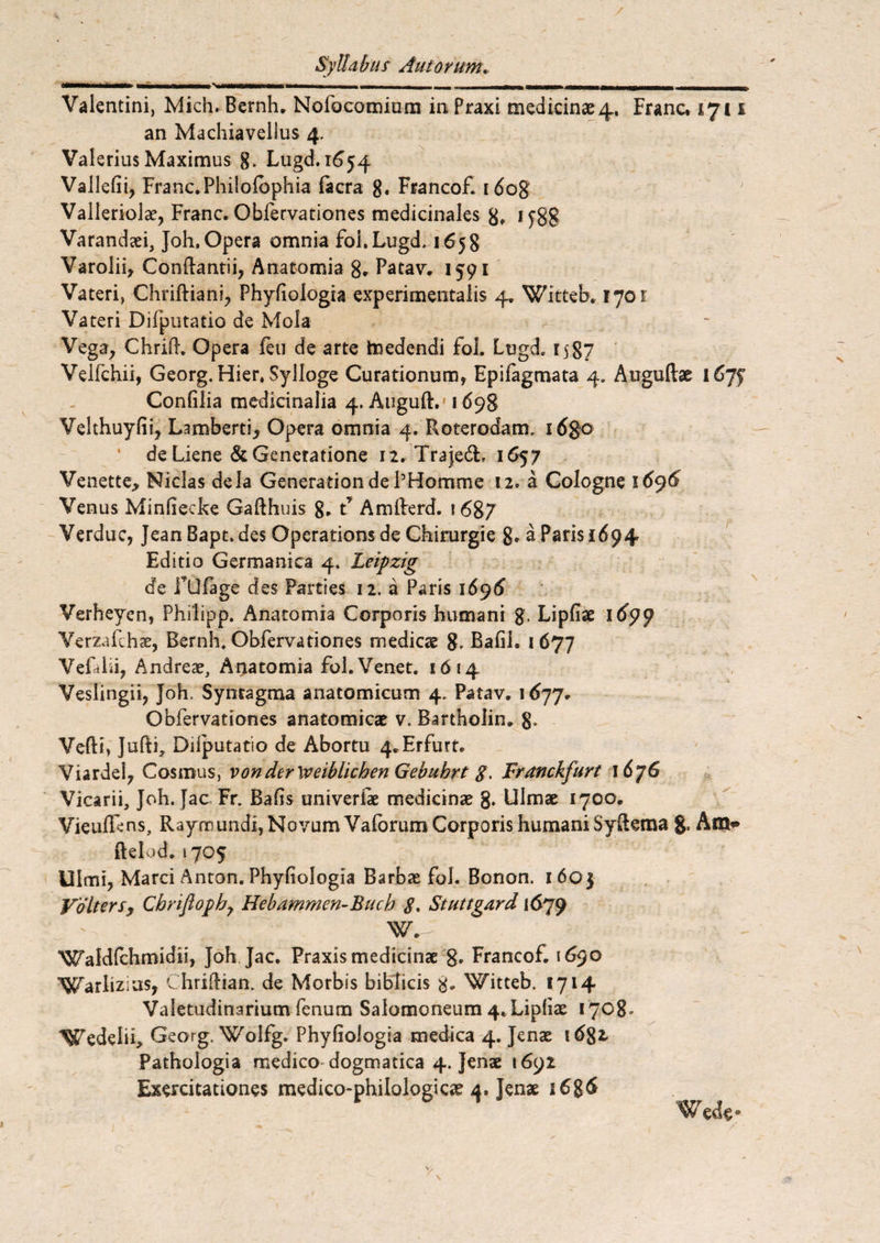 / Syllabus Aut orum* t/mmmmmmmmmmm* .. ■ n «—»■<■—■n -rt—mi. intur —t—jmm—bwmii -m—uummi—l Valentini, Mich. Bernh. Nofocomium in Praxi medicinae 4. Franc, 1711 an Machiavelius 4, Valerius Maximus 8. Lugd. 1654 Vallefii, Franc. Philofophia facra 8. Francof. idog Valleriolae, Franc. Obfervationes medicinales g, 15*88 Varandaei, Joh, Opera omnia fol.Lugd.465g Varolii, Conftantii, Anatomia Patav, 1591 Vateri, Chriftiani, Phyfiologia experimentalis 4. Witteb. 1701 Vateri Difputatio de Mola Vega, Chrift. Opera feu de arte toedendi fol. Lugd. 1587 Velfchii, Georg. Hier. Sylloge Curationum, Epifagmata 4. Auguftae 1675 Confilia medicinalia 4. Auguft.' 1698 Velthuyfii? Lamberti* Opera omnia 4. Roterodam. idgo de Liene & Generatione 12. TrajedL 1657 Venette* Nicias de ia GenerationdePHomme 12. a Cologne 1696 Venus Minfiecke Gafthuis 8» t* Amlberd. 1687 Verduc, Jean Bapt.des Operationsde Chirurgie g, a Paris 1694 Editio Germanica 4. Leipzig de fUfage des Parties 12. a Paris 1696 Verheyen, Philipp. Anatomia Corporis humani g. Lipfiae 1 69 p Yerzafchae, Bernh. Obfervationes medicae g, Bafil. 1677 Vedii, Andreae, Arjatomia fol. Venet. 1614 Veslingii, Joh, Syntagma anatomicum 4, Patav. 1677* Obfervationes anatomica? v. Bartholin* g, Vefti, Jufti, Difputatio de Abortu 4*Erfurt. ViardeI, Cosmus, vonderWeiblicben Gebubrt g. Franckfurt 1676 Vicarii, Joh. Jac Fr. Bafis univeriae medicinae g. Ulmae 1700. VieulTens, Raynoundi, Novum Valorum Corporis humani SyRetna 8. Am® Relod. i 705 Ulmi, Marci Anton. Phyfiologia Barbae fol. Bonon. 1 605 VditerSf Cbnfloyh) Hebammen-Bucb g. Stuttgard 1679 Wd ' n- Waldfchmidii, Joh Jac. Praxismedicinae g. Francof. 1690 Warlizius, ChriRian. de Morbis biblicis g. Witteb. 1714 Valetudinarium fenum Salomoneum 4* Lipfiae l ycg. Wedelii, Georg, Wolfg. Phyfiologia medica 4. Jenae tdg2 Pathologia medico dogmatica 4. Jenae 1692 Exercitationes medico-philologicae 4. Jenae i6g6 Wede*