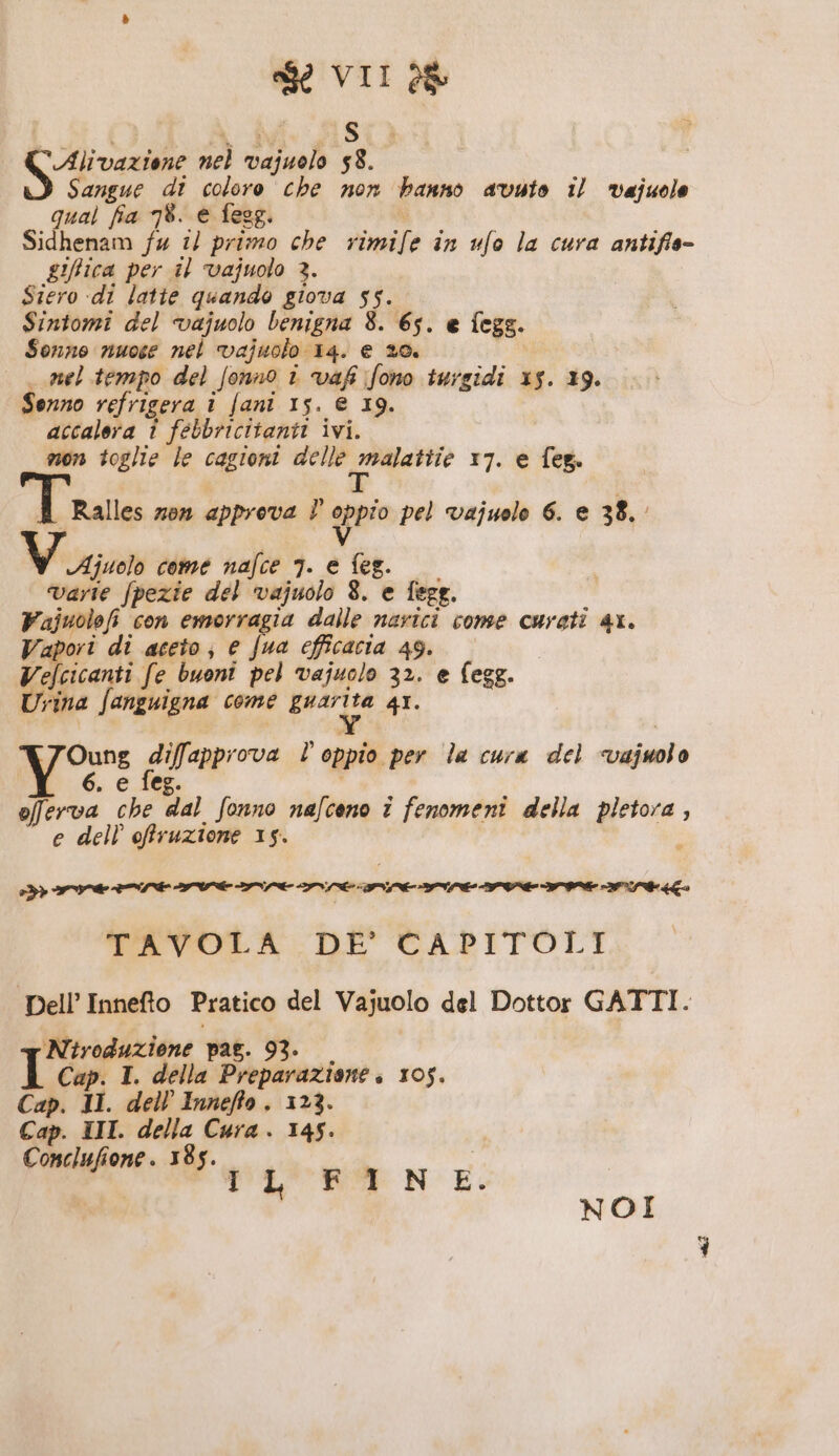 Alivazione nel vajuolo 58. Sangue di coloro che non hanno avuto il vajuole qual fia 78. e fegg. \ Sidhenam fu îl primo che rimife in ufo la cura antifie- giRica per il vajuolo 3. Siero di latte quando giova 55. Sintomi del vajuolo benigna 8. 65. e fegg. Sonno nuose nel vajuolo 14. e 20. mel tempo del fonno i vafi fono turgidi x5. 19. Sonno refrigera 1 fani 15. € 19. accalera î febbricitantt ivi. mon toglie le cagioni delle i 17. e feg. Ralles zon approva | oppio pel vajuolo 6. e 38. V djuoto come nafce 7. e feg. varie fpezie del vajuolo 8. e fegg. Fajuolofi con emorragia dalle narici come curati 4x. Vapori di aceto; € e efficacia 49. Velcicanti fe buoni pel vajuolo 32. e (egg. Urina fanguigna come guarita 41. TOung difapprova l oppio per la cura del vajuolo . e_feg. oferva che dal fonno nafcono î fenomeni della pletora, “e dell offruzione 15. TAVOLA DE’ CAPITOLI Niroduzione pag. 93. I Cap. I. della Preparazione. 105. Cap. Il. dell Inneffo. 123. Cap. III. della Cura. 145. Conclufione. 185. PE RS NE: NOI