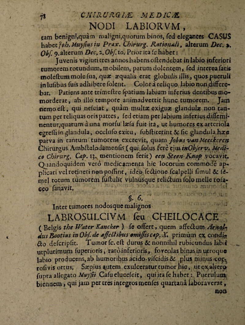 i% CtflRURQLE MEDlCM NODI LABIORVM, tam benigni,quam maligni,quorum binos, fed elegantes CASUS babec fyh.Muyfiiisin Prax. Chirurg. Rationali» alterum Dee. >. Qbf 9.alcerum Dec.z.Obf io. Prior ica fe habet: Juvenis vigintitres annos habens offendebat in labio inferiori tumorem rotundum, niobilem, parum dolentem, fed intereafatis moleftum mole fua, qua: a?qualis erat globulis illis, quos pueruli in lufibus fuis adhibere folent. Color a reliquo labio non differe¬ bar. Patiens ante trimeftre (parium labium inferius dentibus mo¬ morderat, ab illo tempore animadvertit hunc tumorem. Jam nemoeft, qui ndciat, quam multa: exigua: glandula: non tan¬ tum per reliquas oris pattes, fed etiam per labium inferius diffcfni- nentur,quarum a una morfu larfa fuit ita, ut humores ex arteriola cgrdliin glandula, occlufo exitu, fubfticerint & fic glandula hxg parva in tantum tumorem excrevit, quam JobusvanMeeckercn Chirurgus Ambftelodamenfis (quitfolus fere ejus inObjerv* Medi¬ ce Chirurg, Cap. mentionem ferit) een Steen Knop vocavit. Quandoquidem vero medicamenta hic locorum commocie ap¬ plicari vel retineri non poffint, ideo fe£tione fcalpelli fimul & li¬ me} torum tumorem fuftulic vulnusque relisum fojo meile rofa- $eo fanavit, % 6. Inter tumores nodosque malignos- LABROSULCIVM feu CHEILOCACE ( Belgis the Water Kancker ) fc offert, quem affe&um ArHql- dus Bootius in Obf. de affettibus omiffisctp. X* primum ex condic Sto defcripfit. Tumor fc. eft durus & nonnihil rubicundus lab i utplurimum fuperioris, raro inferioris, foveolas binas in utroque labio producens, ah humoribus acido*vifcidis&: plus minus co£-a rofivis ortus. Saepius autem exulceratur tumor hic, utex^akerp fupra allegato Muffii Cafuelucdcit, qui ita fe habet: Puerulum biennem, qui jam per tres integros menfes quaruna laboraverat,  #> - - . > v- non i