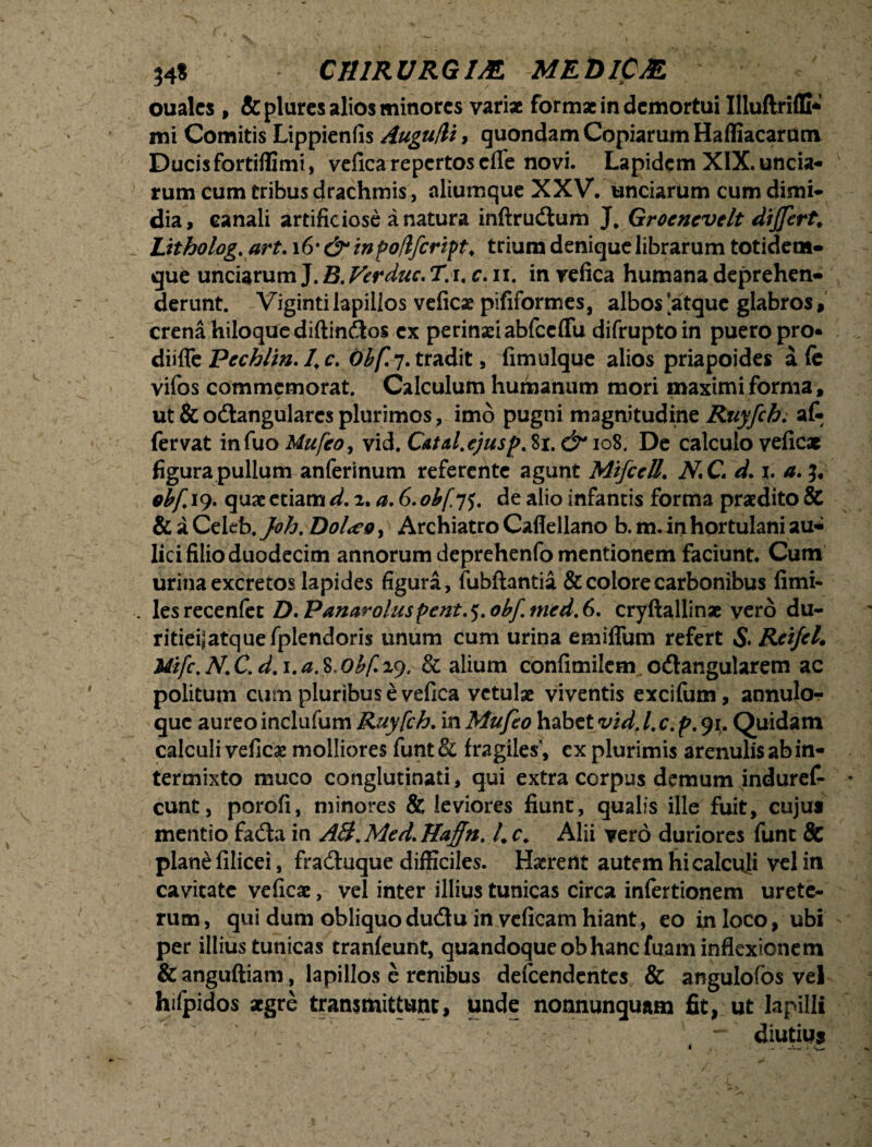 oualcs , & plures alios minores variae formae in demortui IIluftrifB* mi Comitis Lippienfis Augu/li, quondam Copiarum Haffiacarum Ducis fortiflimi, vefica repertos effe novi. Lapidem XIX. uncia¬ rum cum tribus drachmis, aliumque XXV. unciarum cum dimi¬ dia, canali artificiose a natura inftrudtum J, Groencvdt differt. Lttholog. art. i6* & inpoflfcript. trium denique librarum totidem- que unciarum J. B. Verduc. T. r. c. n. in vefica humana deprehen¬ derunt. Vigintilapillos veficae pififormes, albos atque glabros, crena hiloque diftindtos ex perinaei abfccffu difruptoin puero pro* diiffe Pcchlin. I c. Obf 7. tradit , fimulque alios priapoides a (e vifos commemorat. Calculum humanum mori maximi forma , ut &odangularcs plurimos , imo pugni magnitudine Ruyfch. at fervat infuo Uufeo, vid. CAt&l.ejusp. 81. &* 108, De calculo veficx figura pullum anferinum referente agunt Mifcell. N.C d. i. a. 3. obf 19. quae etiam d. 2. a. 6. obf y$. de alio infantis forma praedito & & a Celtb. Joh. Dol<eo, Archiatro Caflellano b. m. in hortulani au¬ lici filio duodecim annorum deprehenfo mentionem faciunt. Cum urina excretos lapides figura, fubftantia & colore carbonibus fimi- . lesrecenlet D.Panaroluspent.*).obftncd.6. cryftallinae vero du- ritieijatquefplendoris unum cum urina emiffum refert 5* Rcifcl. Uifc. N. C. d. 1. a. 8, obf* 29. & alium confimilcm o&angularem ac politum cum pluribus e vefica vetulae viventis excifum, annulo- que aureo inclufum Ruyfch. in Mu/io habet vid. /. c. p. 91. Quidam calculi vefica molliores funtS: fragiles', ex plurimis arenulis ab in¬ termixto muco conglutinati, qui extra corpus demum induref- cunt, porofi, minores & leviores fiunt, qualis ille fuit, cujus mentio fada in AB.Med.Haffn. /,c. Alii vero duriores funt & plane filicei, fradhique difficiles. Haerent autem hi calcuji vel in cavitate veficae, vel inter illius tunicas circa infertionem urete¬ rum, qui dum obliquodu&u in veficam hiant, eo in loco, ubi per illius tunicas tranfeunt, quandoque obhanefuam inflexionem & anguftiam, lapillos e renibus defeendentes & angulofos vel hifpidos aegre transmittunt, unde nonnunquam fit, ut lapilli ^ ' ( diutius